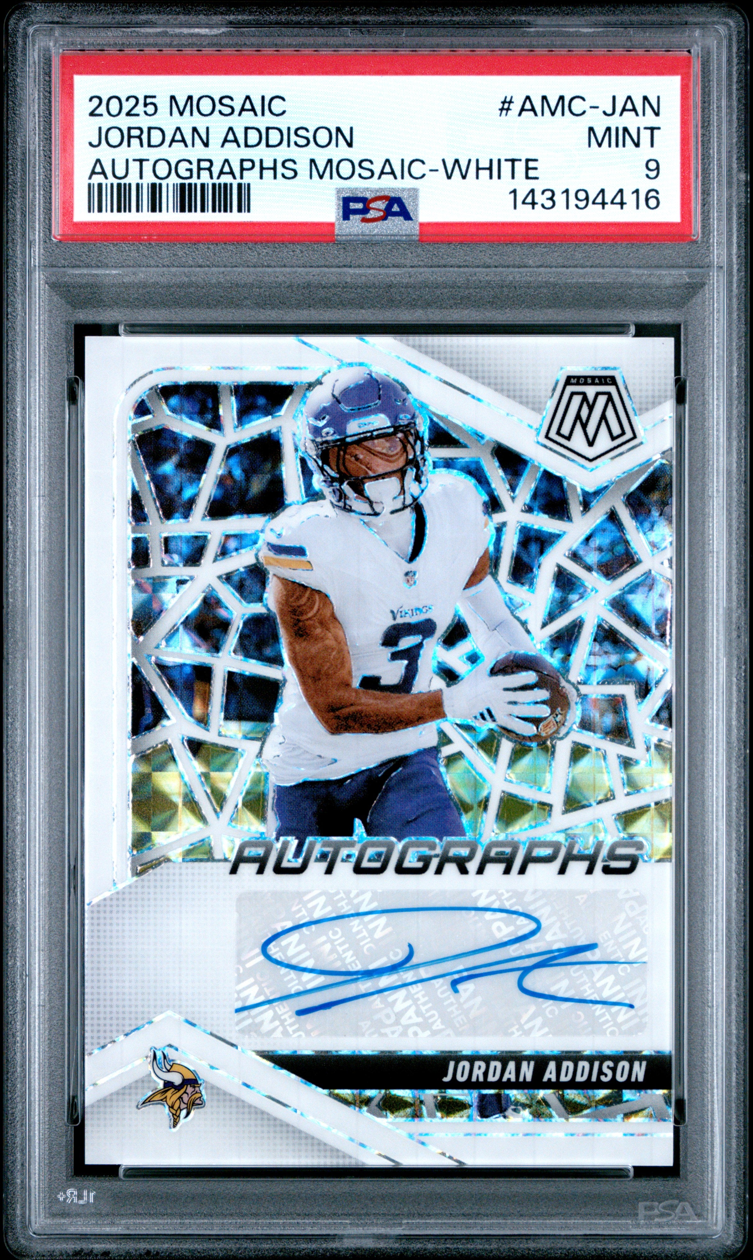 Jordan Addison 2025 Panini Mosaic White Prizm Auto SP 8/25 PSA 9