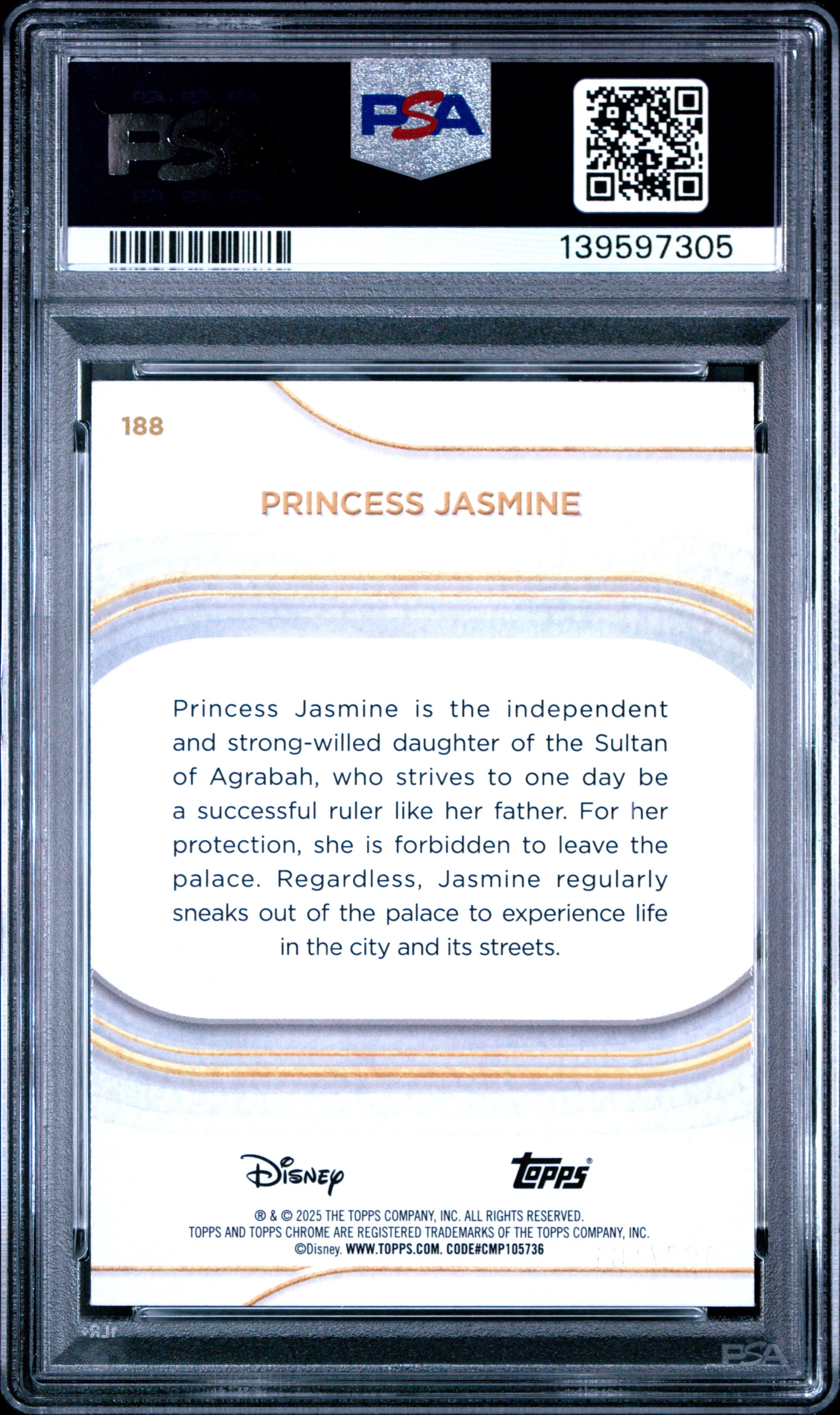 Princess Jasmine 2025 Topps Chrome Disney Black White Shimmer Refractor SP 74/101 PSA 10-2