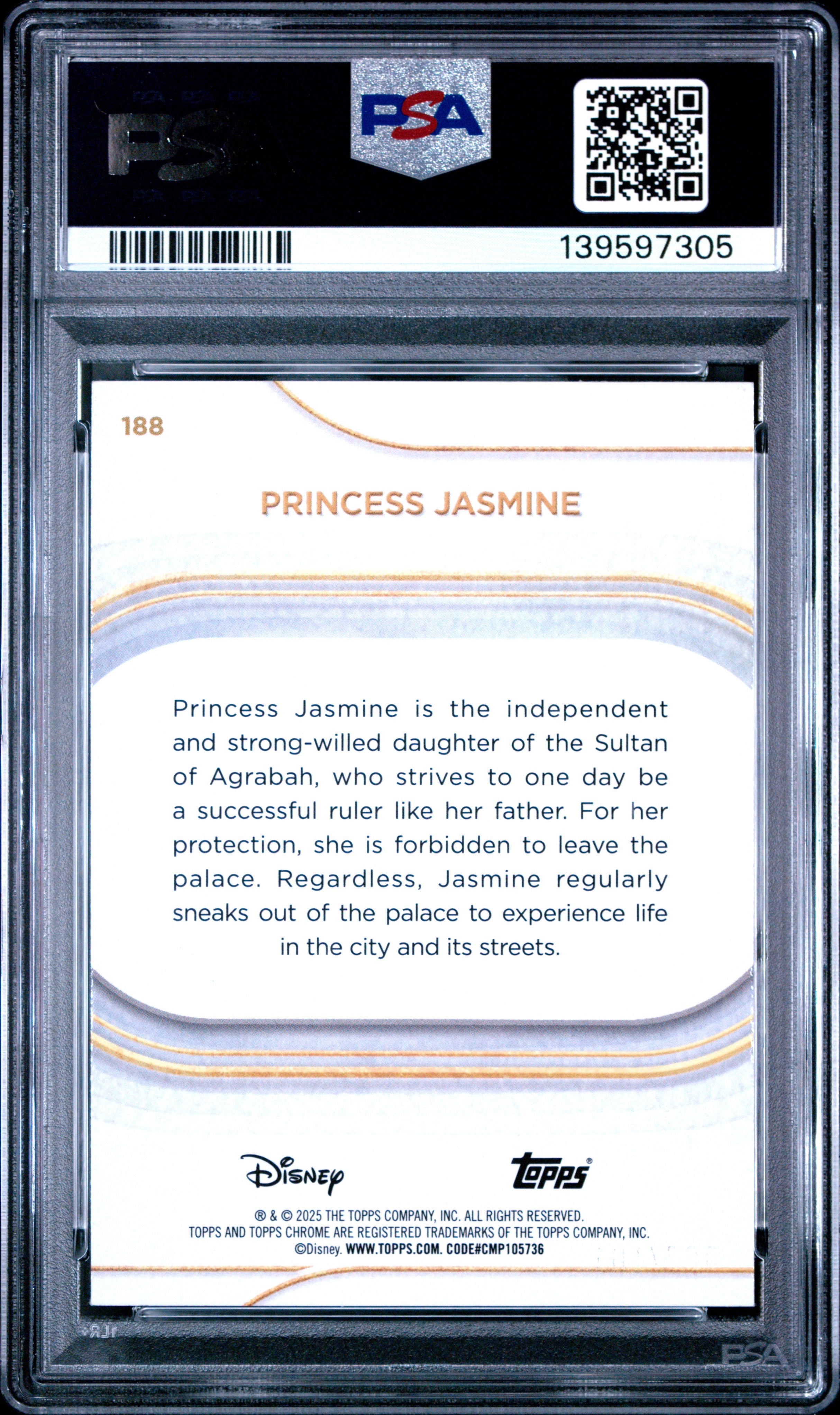 Princess Jasmine 2025 Topps Chrome Disney Black White Shimmer Refractor SP 74/101 PSA 10
