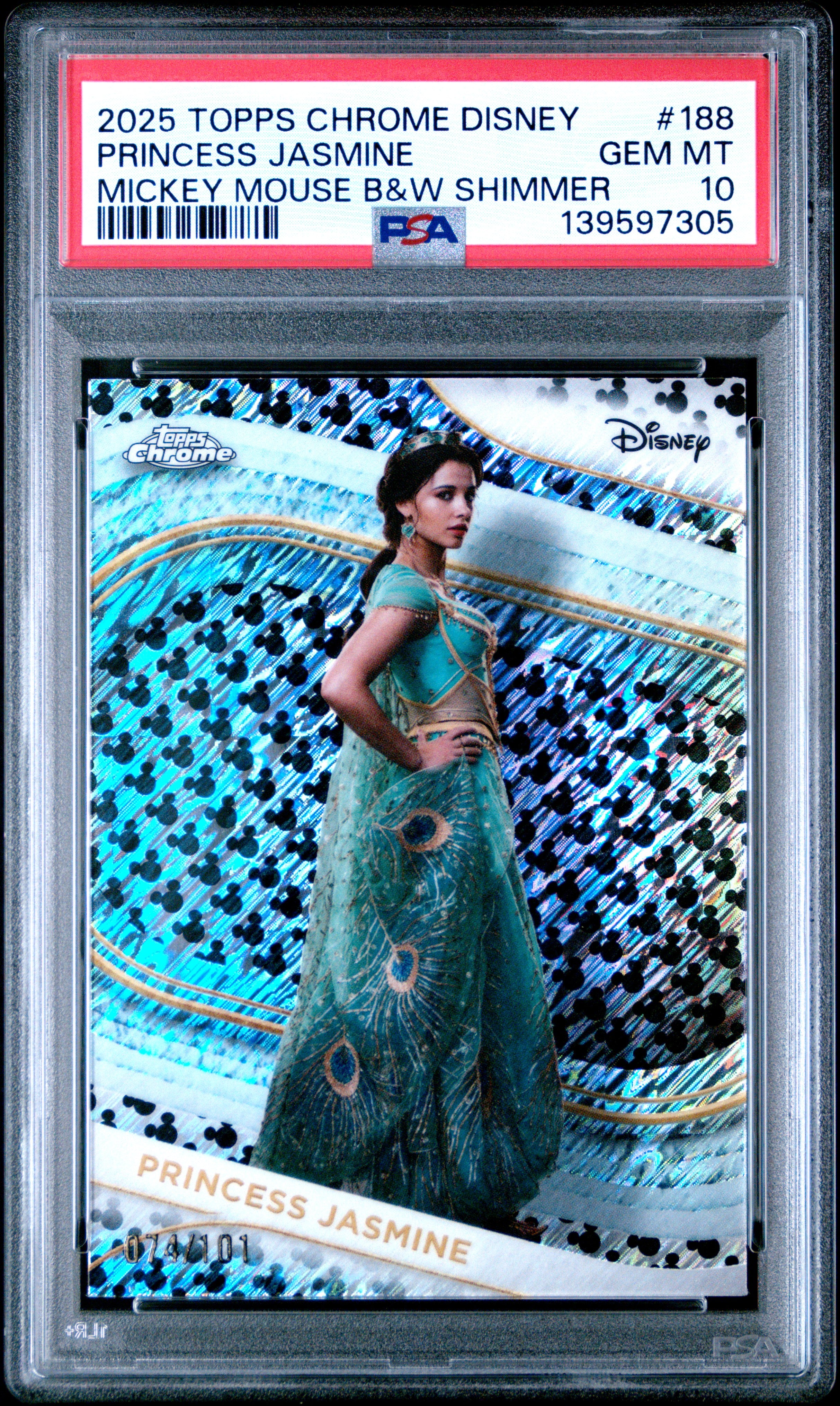 Princess Jasmine 2025 Topps Chrome Disney Black White Shimmer Refractor SP 74/101 PSA 10
