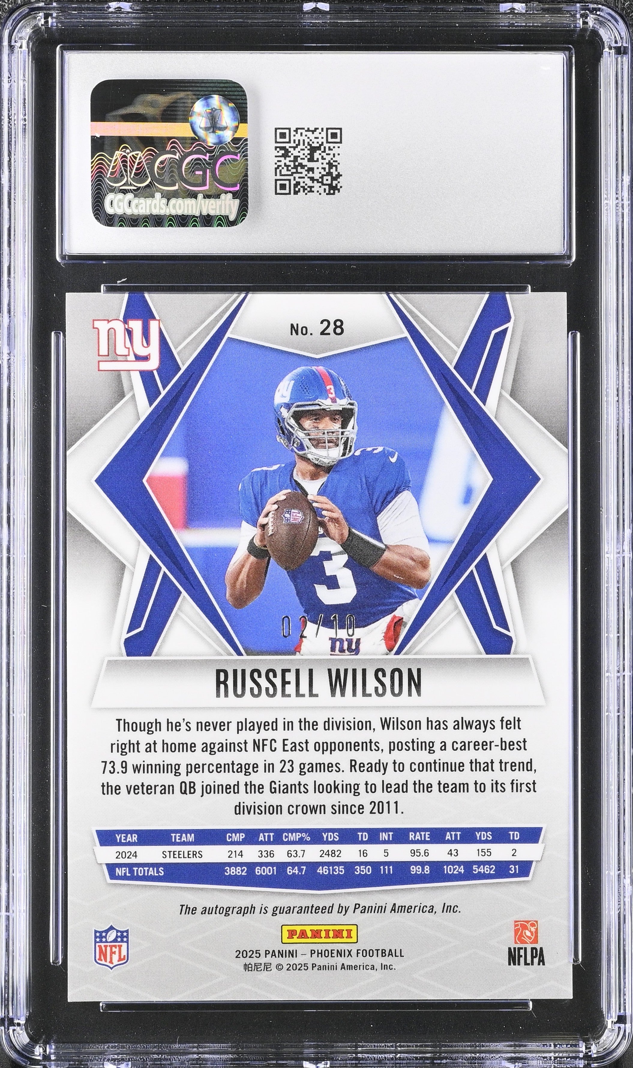 Russell Wilson 2025 Panini Phoenix Seismic Auto SP 2/10 CGC 10