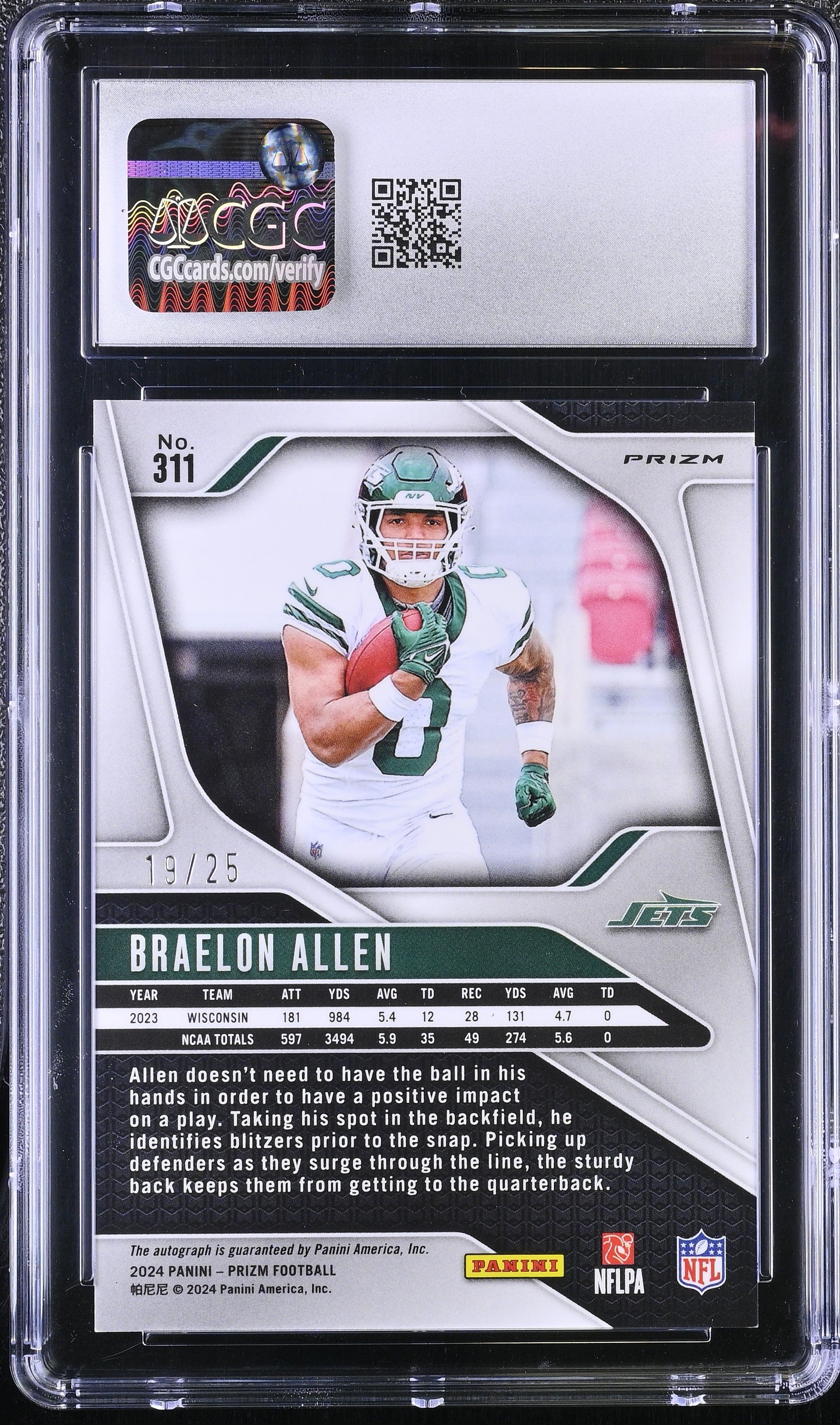 Braelon Allen RC 2024 Panini Prizm Blue Shimmer Rookie Auto SP 19/25 CGC 9