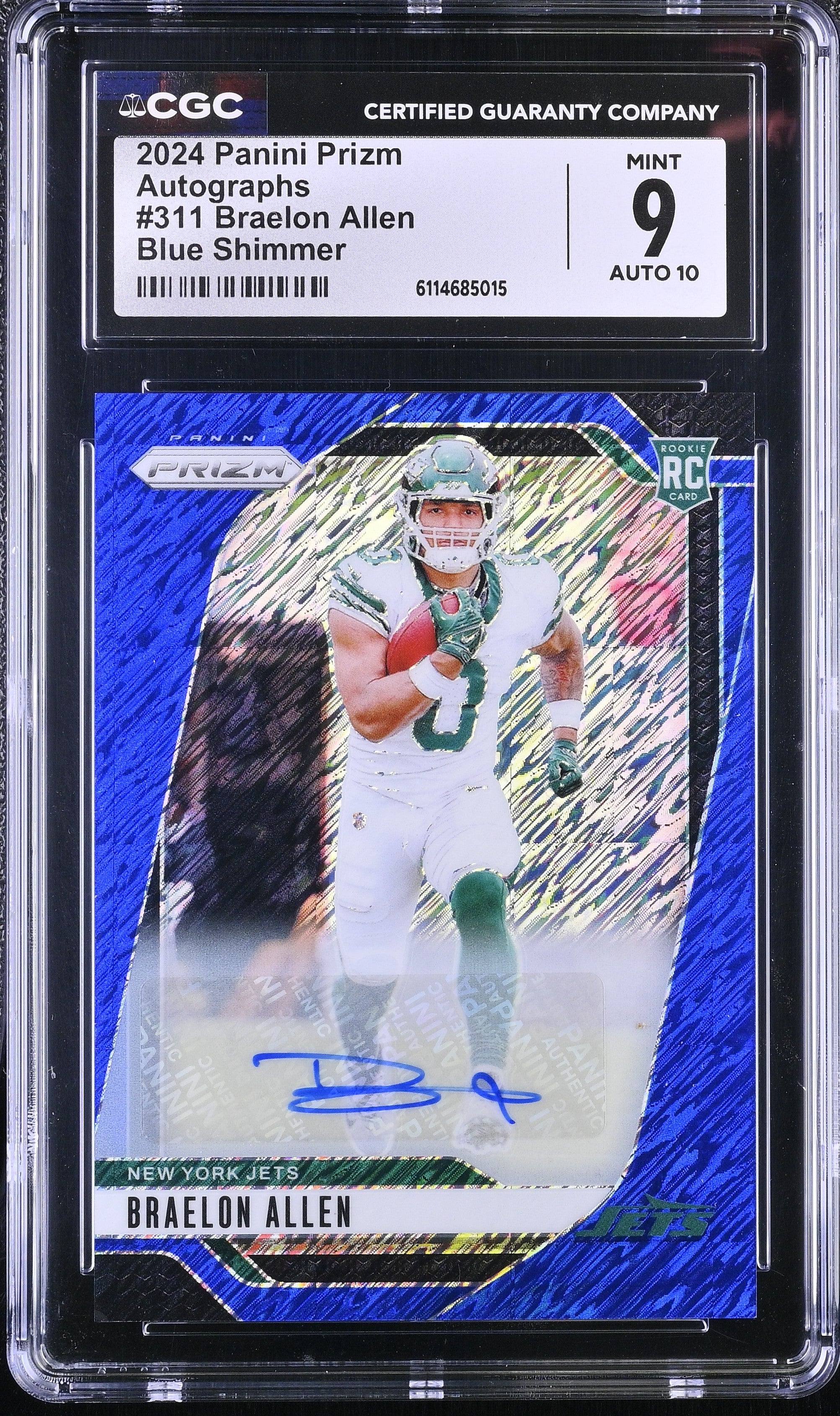 Braelon Allen RC 2024 Panini Prizm Blue Shimmer Rookie Auto SP 19/25 CGC 9