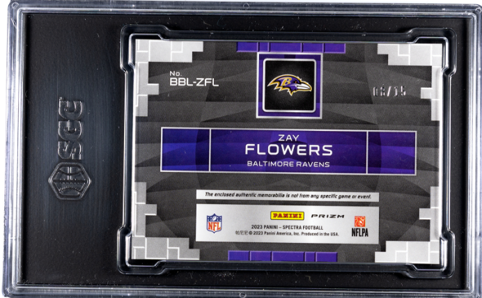 Zay Flowers RC 2023 Panini Spectra Neon Pink Building Blocks Triple Rookie Patch SP 8/15 SGC 9.5