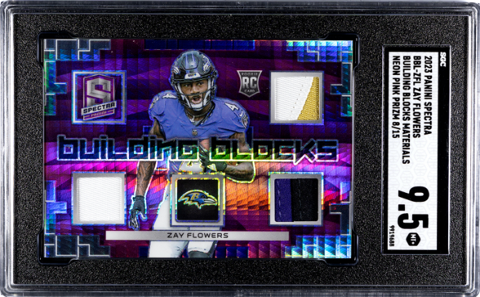 Zay Flowers RC 2023 Panini Spectra Neon Pink Building Blocks Triple Rookie Patch SP 8/15 SGC 9.5
