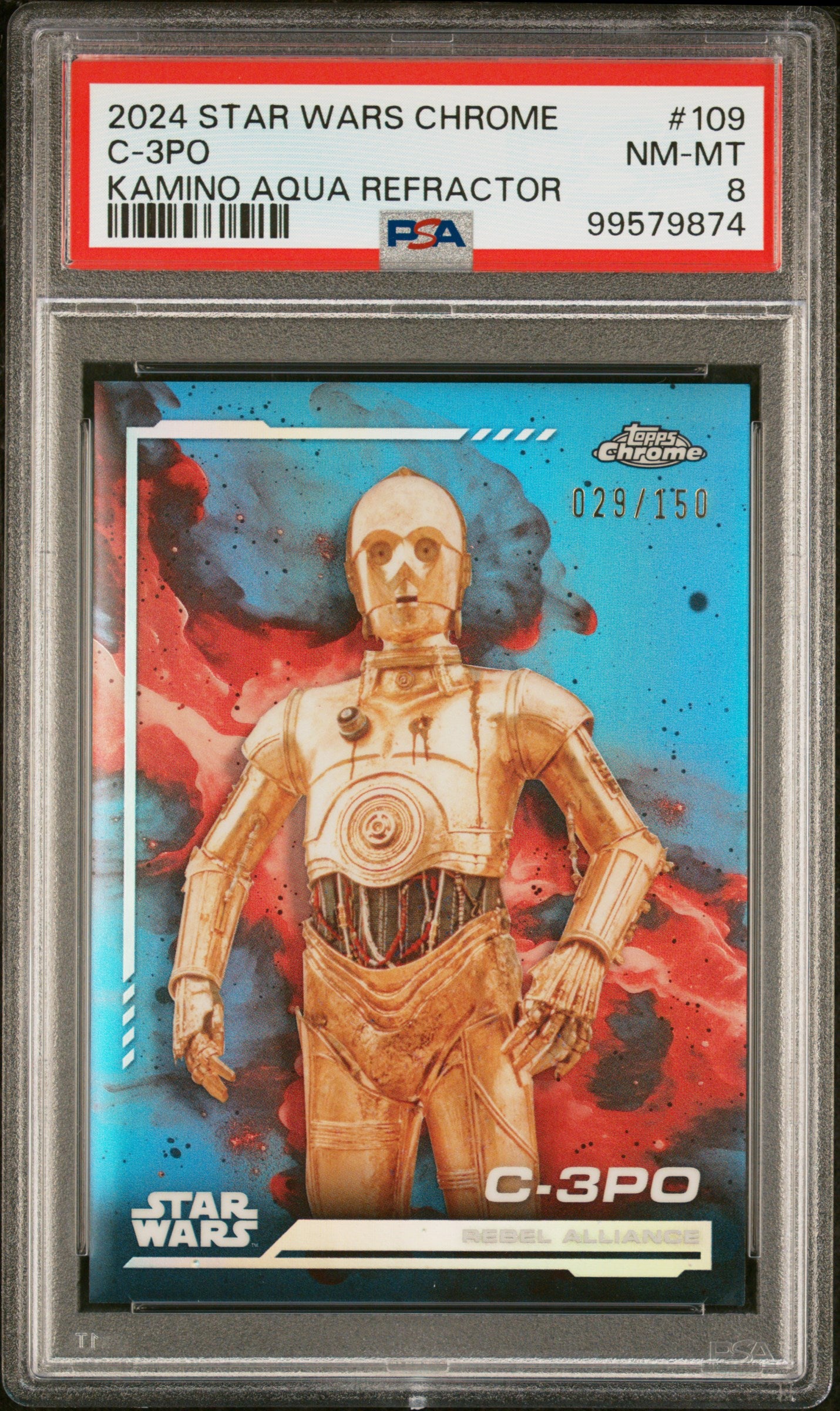 C-3PO 2024 Topps Chrome Star Wars Kamino Aqua Refractor SP 29/150 PSA 8-1