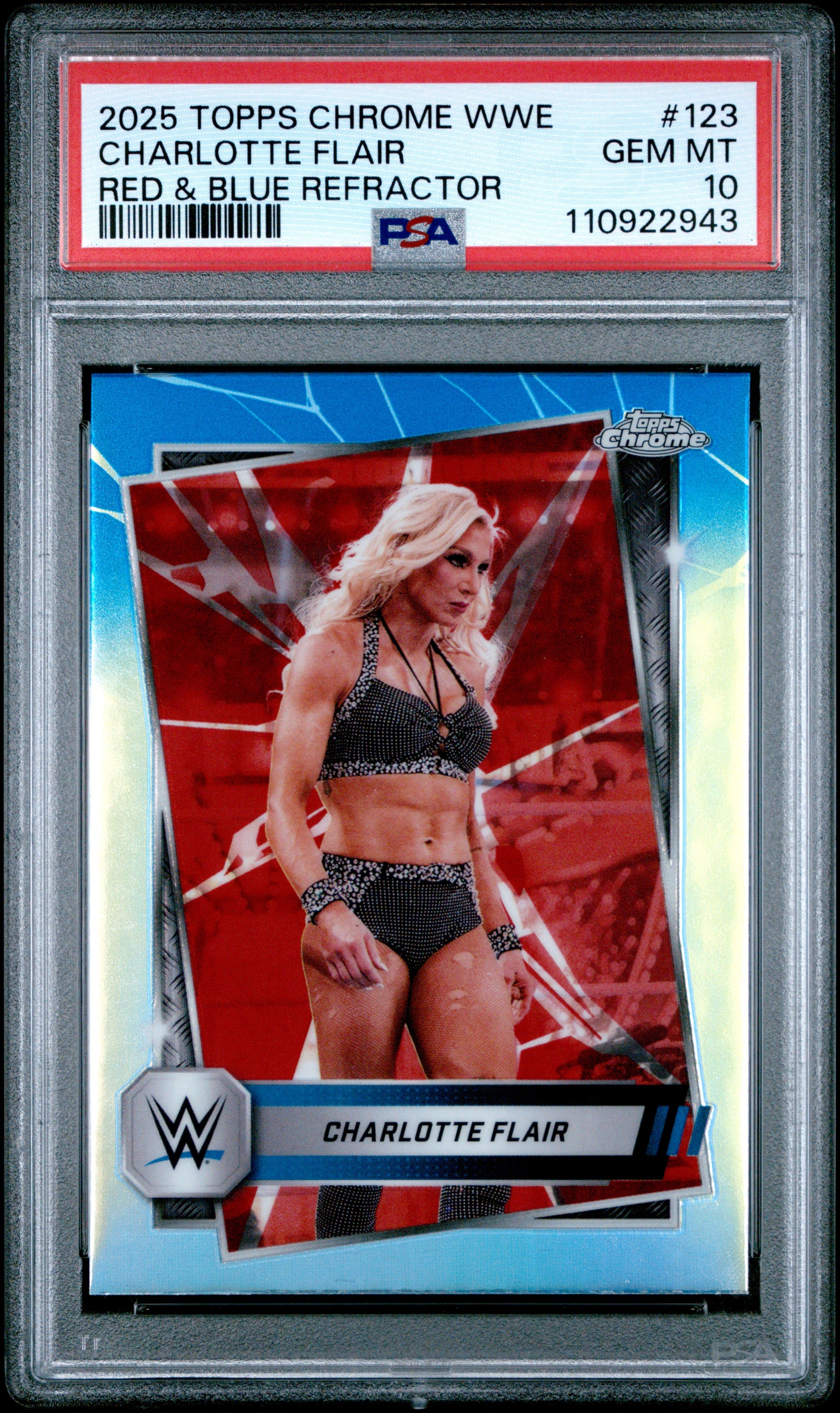 Charlotte Flair 2025 Topps Chrome WWE Red Blue Refractor #123 PSA 10-1