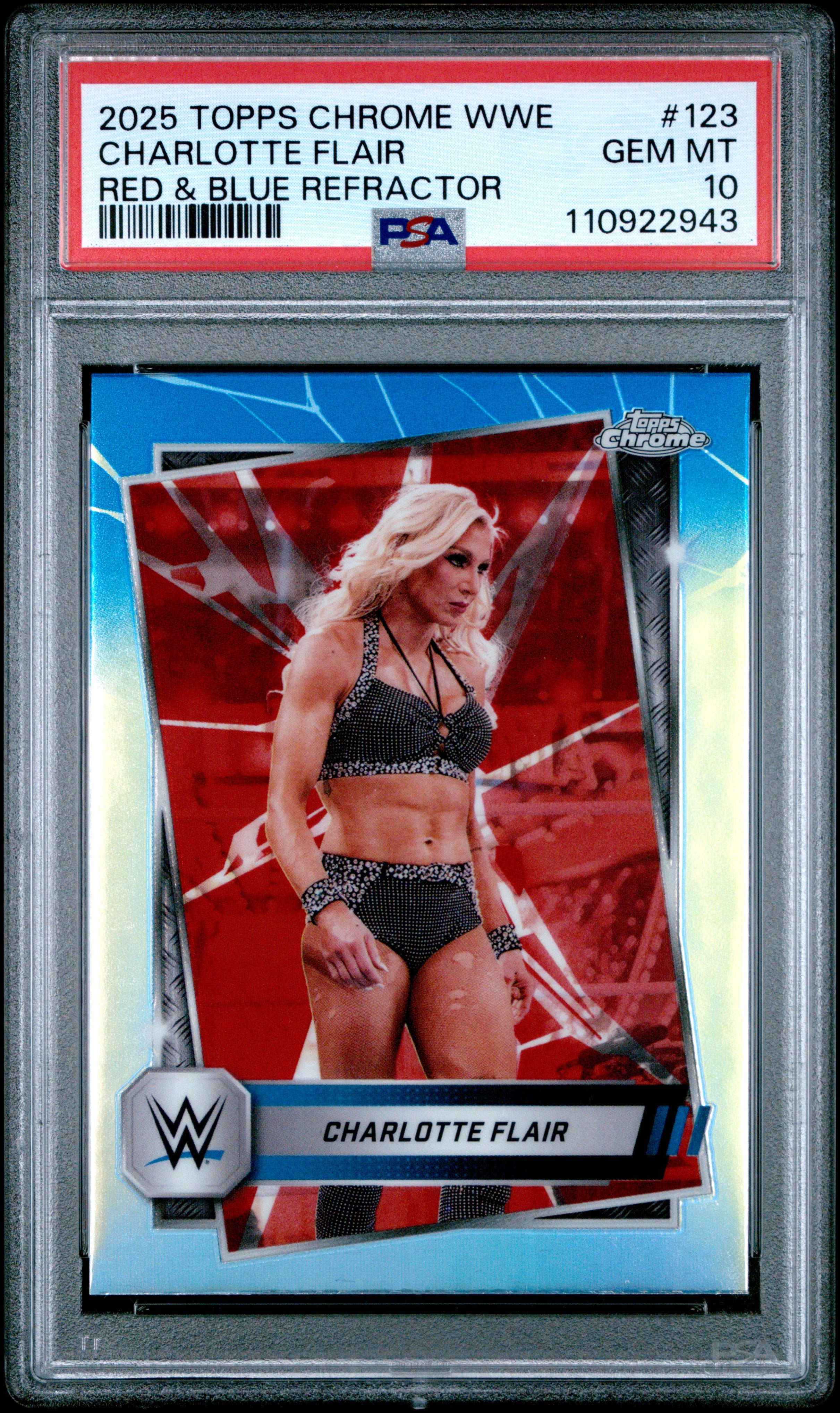 Charlotte Flair 2025 Topps Chrome WWE Red Blue Refractor #123 PSA 10