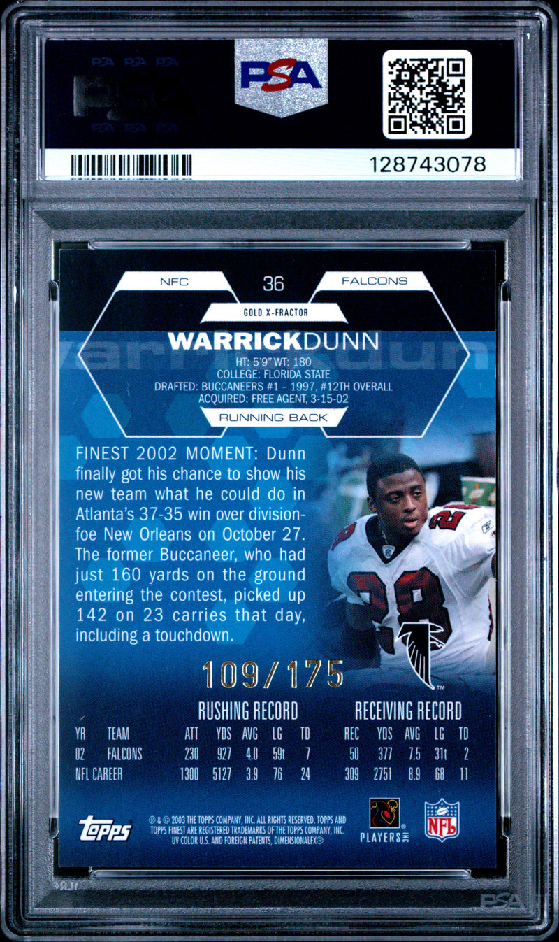 Warrick Dunn 2003 Topps Finest Gold Xfractor SP 109/175 PSA 9-2