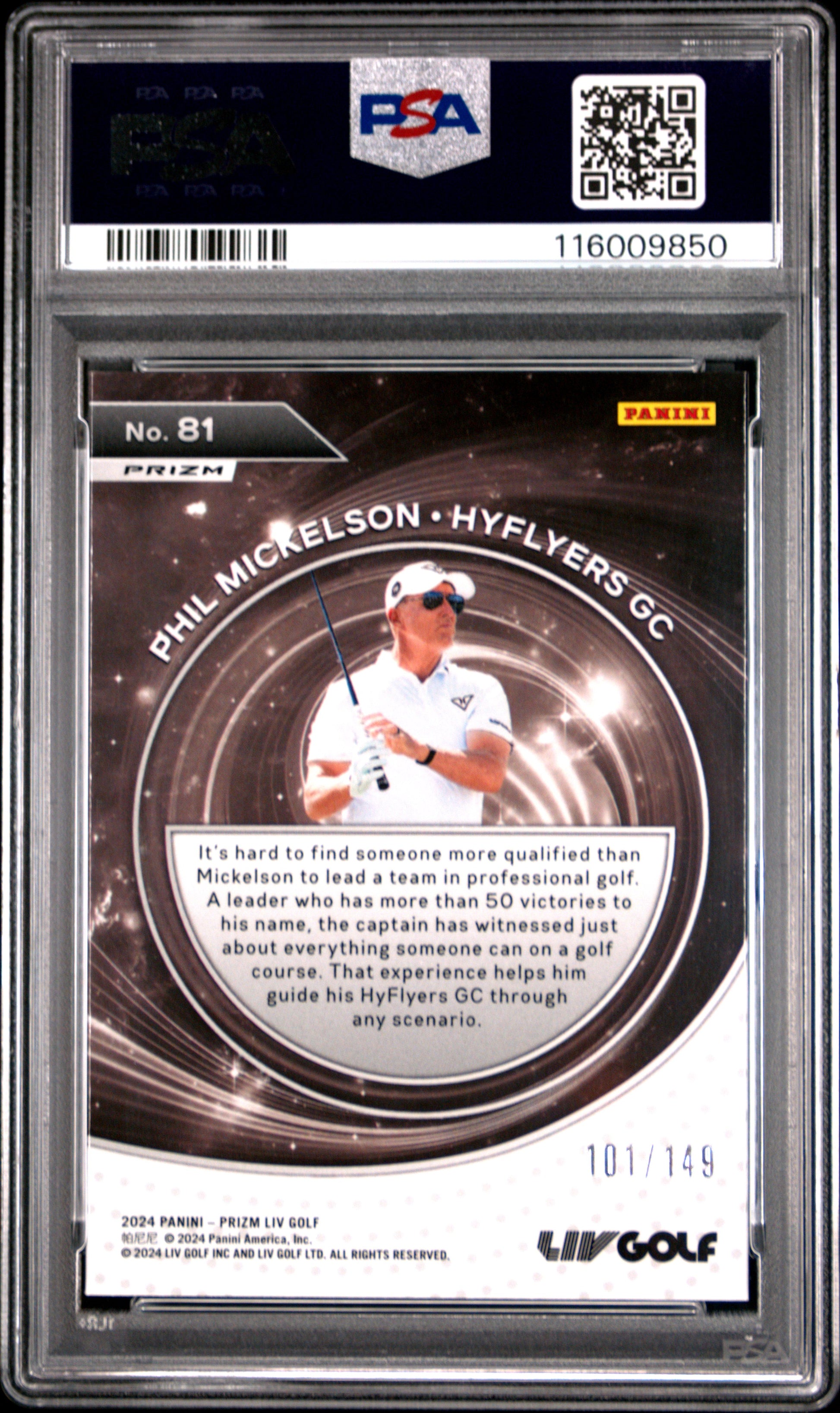 Phil Mickelson 2024 Panini Prizm Liv Golf Red Captains SP 101/149 PSA 10-2