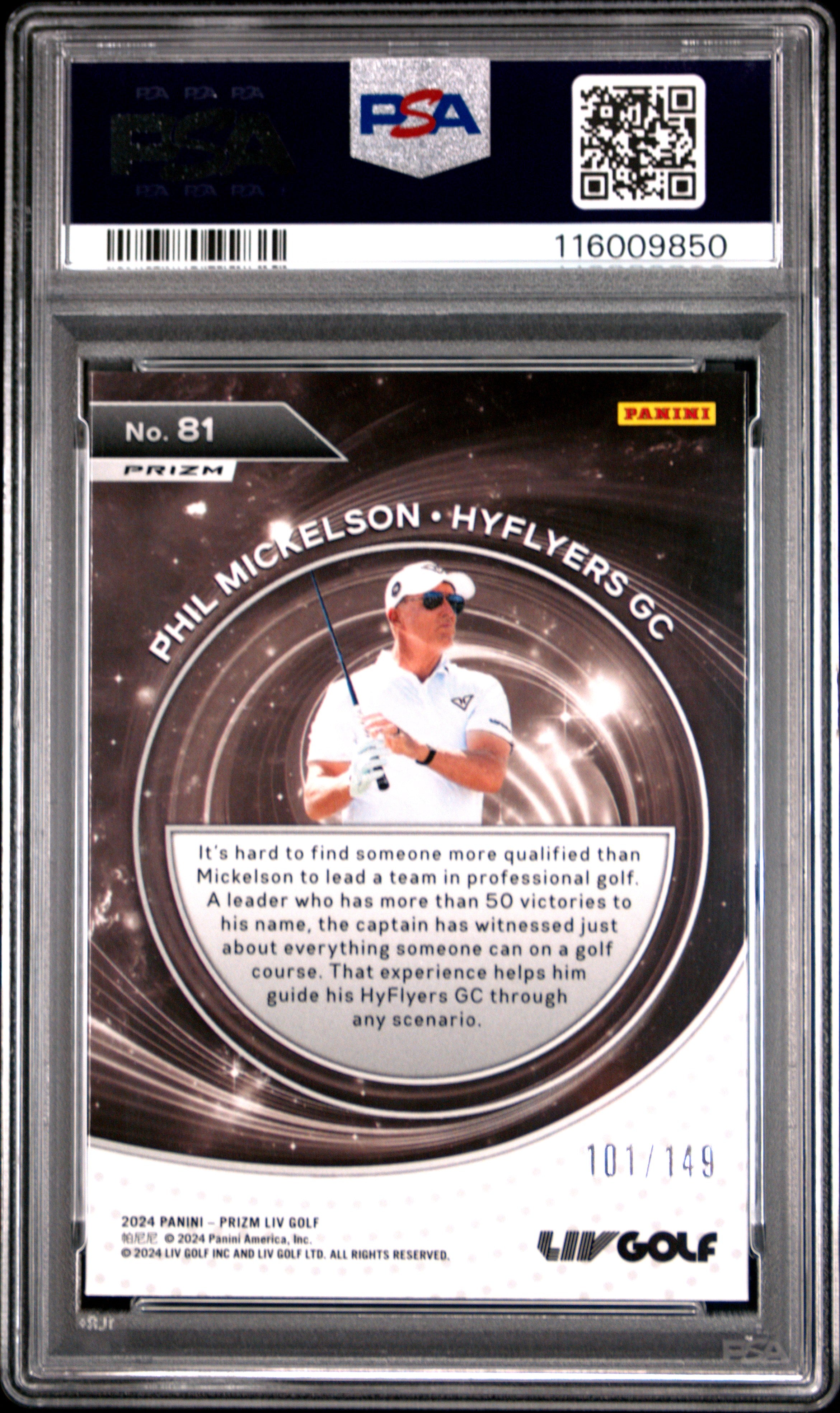 Phil Mickelson 2024 Panini Prizm Liv Golf Red Captains SP 101/149 PSA 10-2