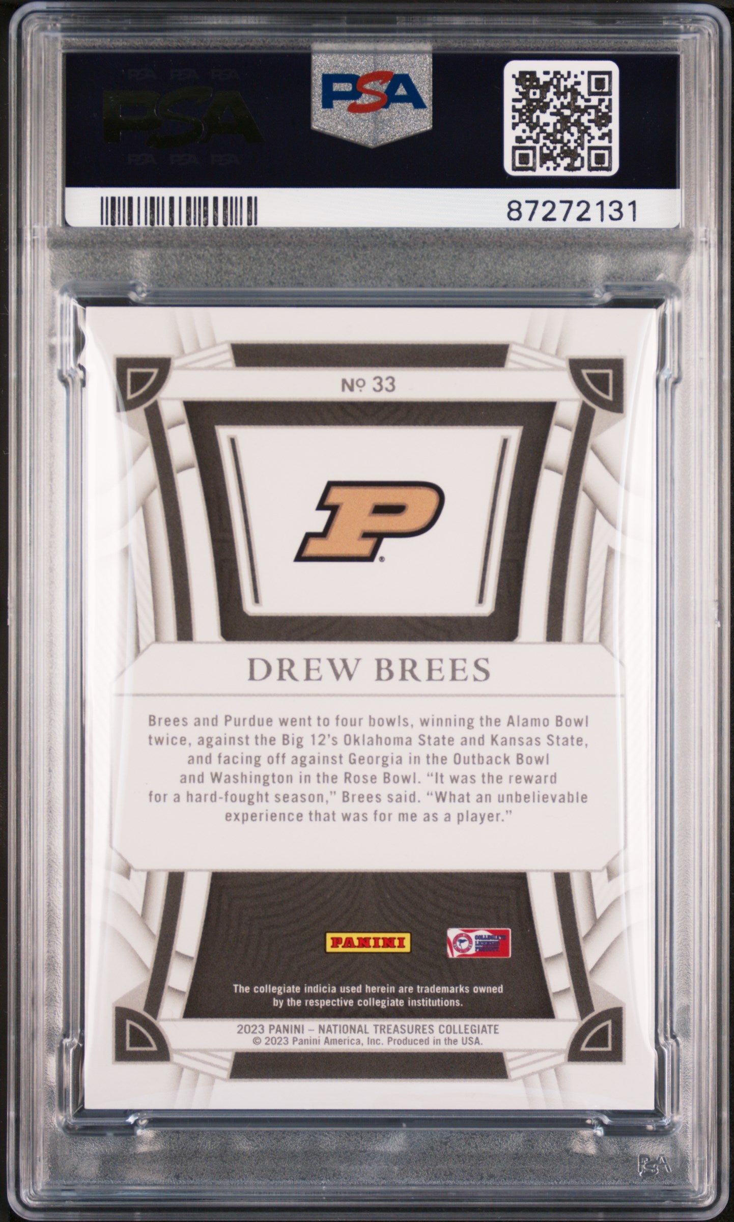 Drew Brees 2023 National Treasures Collegiate Century Gold SP 1/10 PSA 8-2