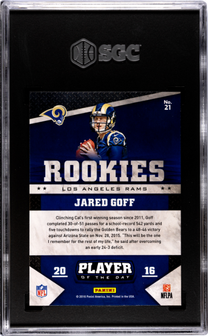 Jared Goff RC 2016 Panini Player Of The Day Galactic Windows Rookie #21 SGC 10-2