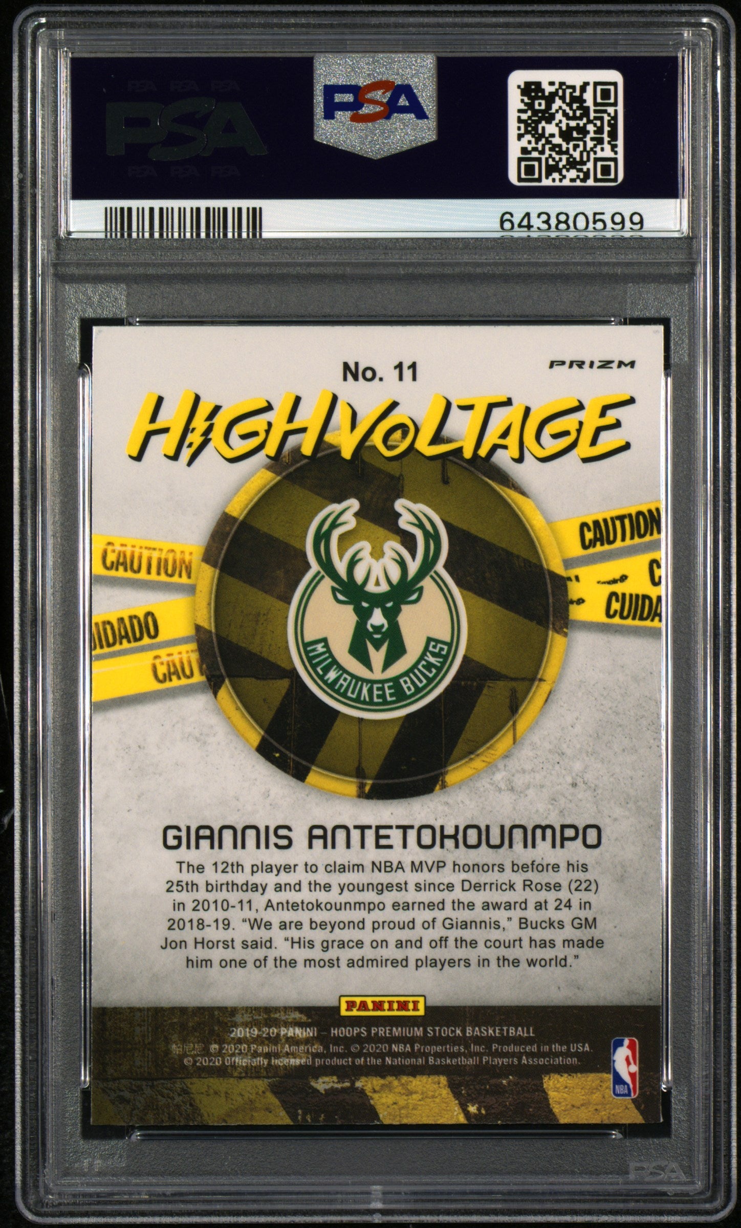 Giannis Antetokounmpo 2019-20 NBA Hoops Premium Stock Shimmer High Voltage #11 PSA 10-2