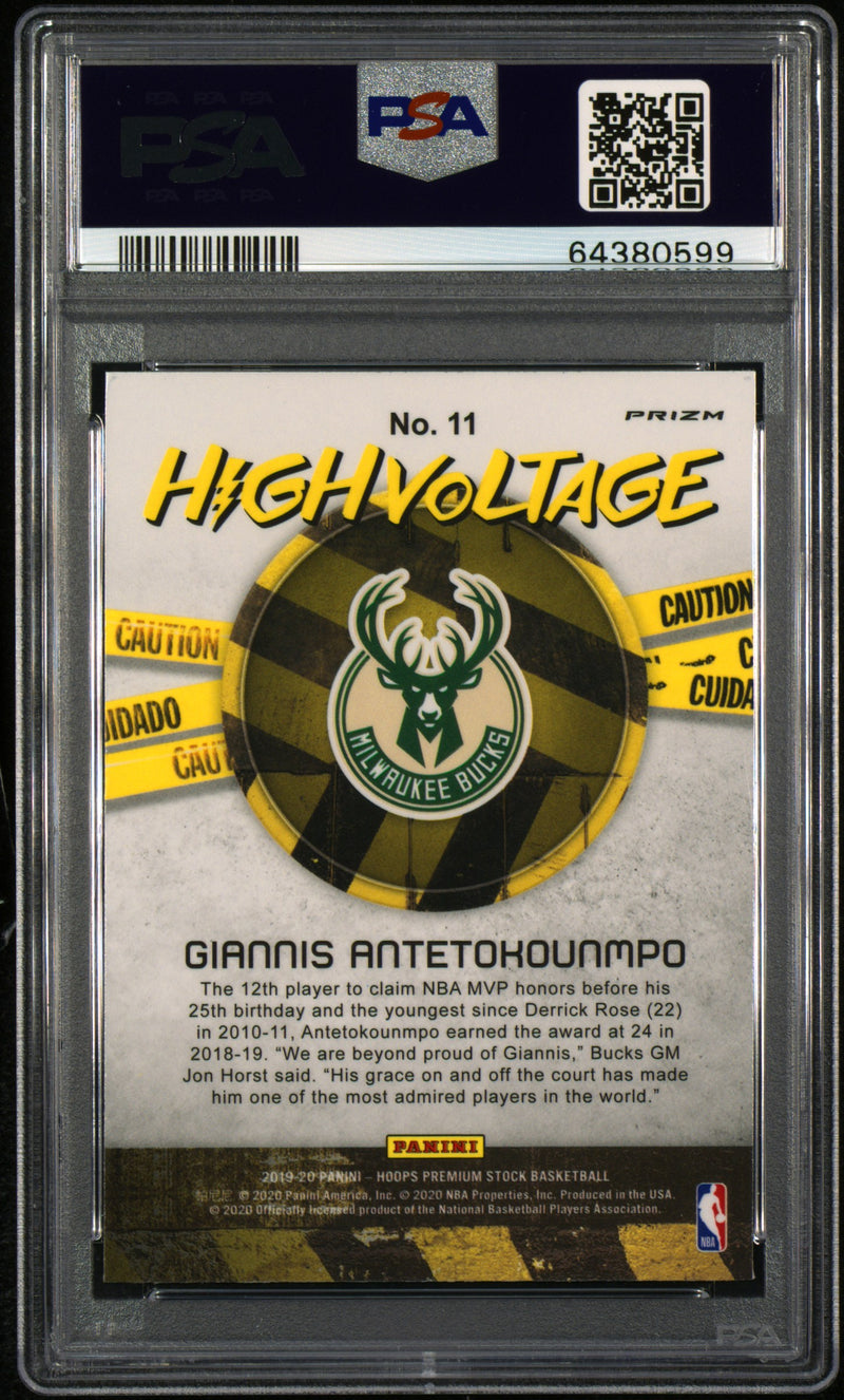 Giannis Antetokounmpo 2019-20 NBA Hoops Premium Stock Shimmer High Voltage #11 PSA 10-2