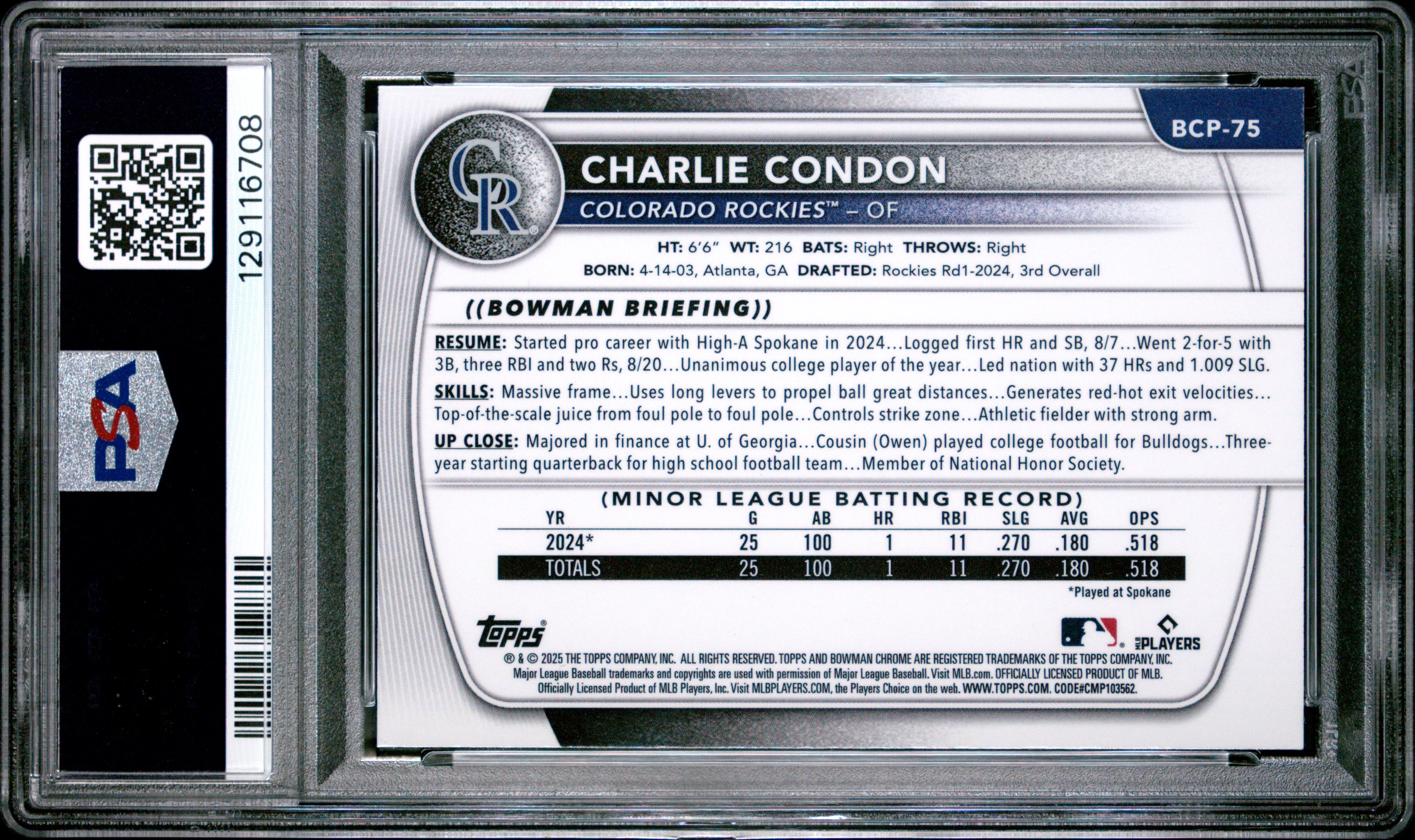 Charlie Condon RC 2025 1st Bowman Chrome Mega Box Prospect Rookie #75 PSA 10-2
