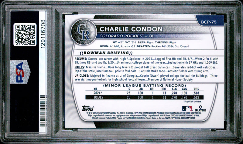 Charlie Condon RC 2025 1st Bowman Chrome Mega Box Prospect Rookie #75 PSA 10-2