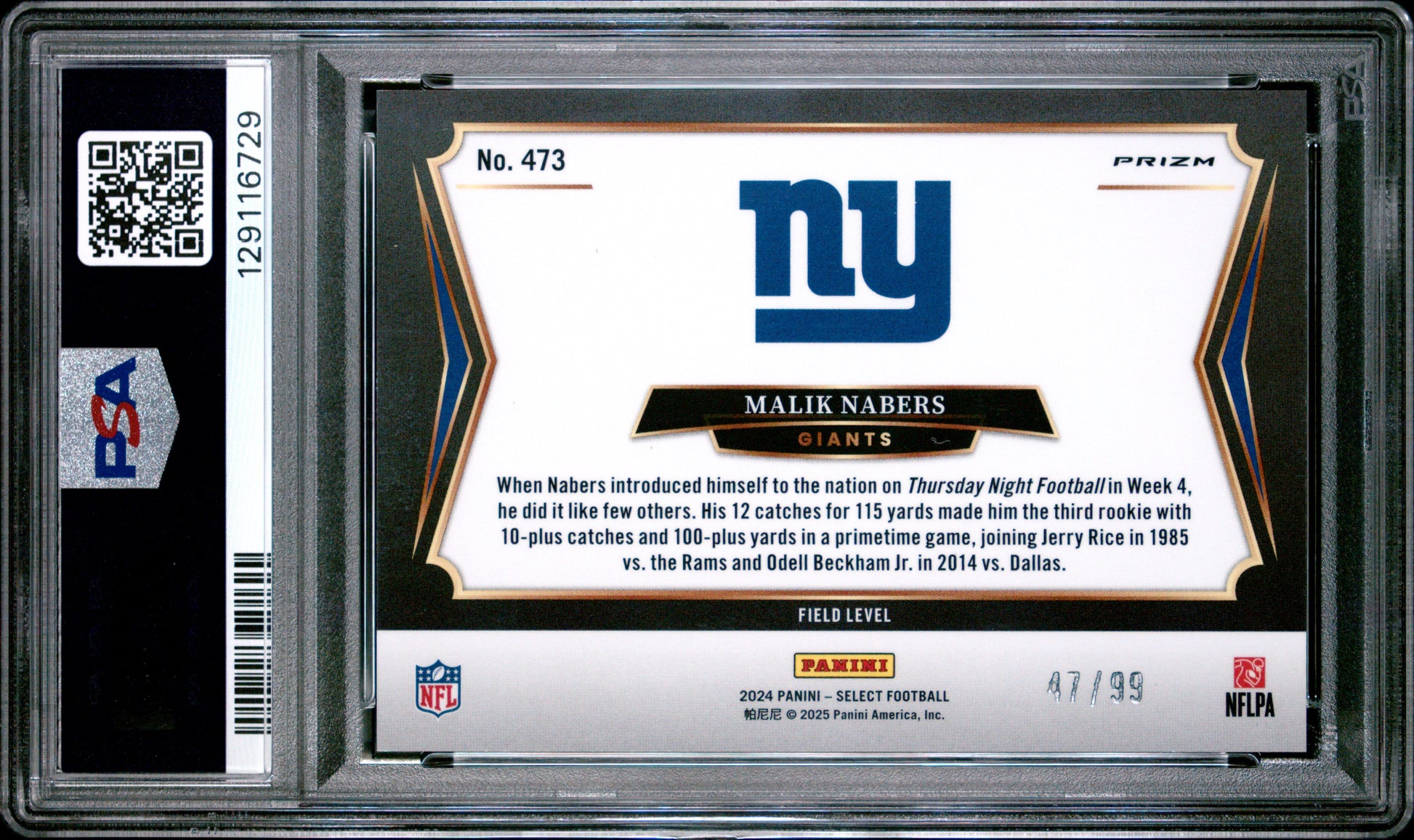 Malik Nabers RC 2024 Panini Select Field Level Tri-Color Prizm Rookie SP 47/99 PSA 9-2