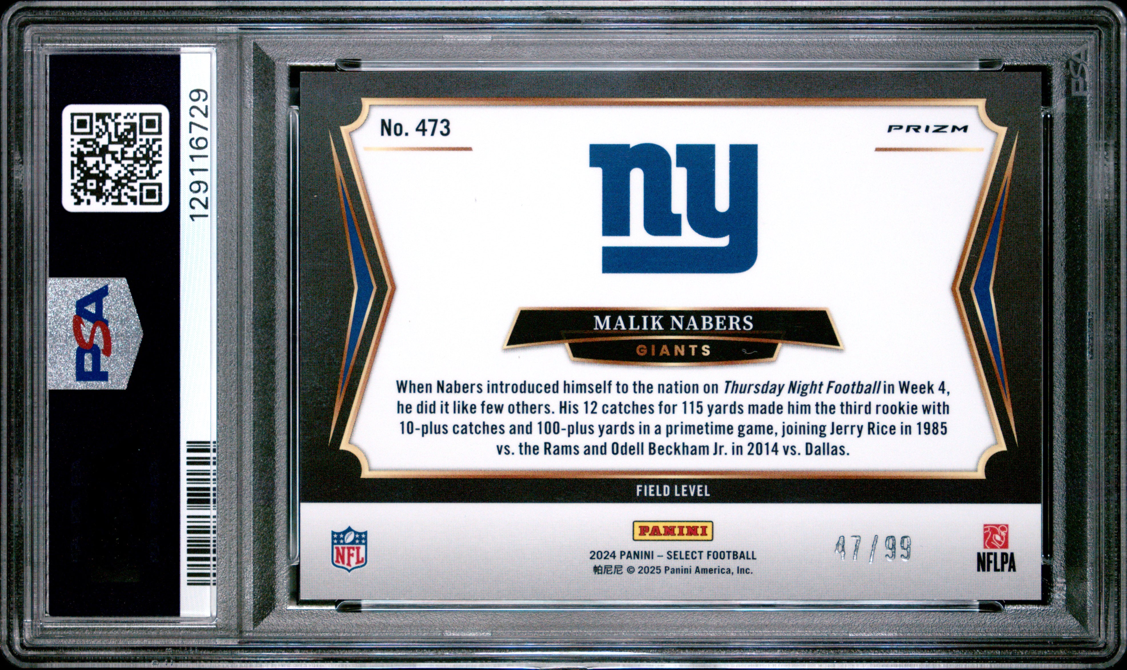 Malik Nabers RC 2024 Panini Select Field Level Tri-Color Prizm Rookie SP 47/99 PSA 9