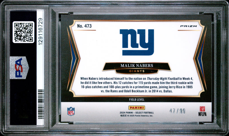 Malik Nabers RC 2024 Panini Select Field Level Tri-Color Prizm Rookie SP 47/99 PSA 9-2