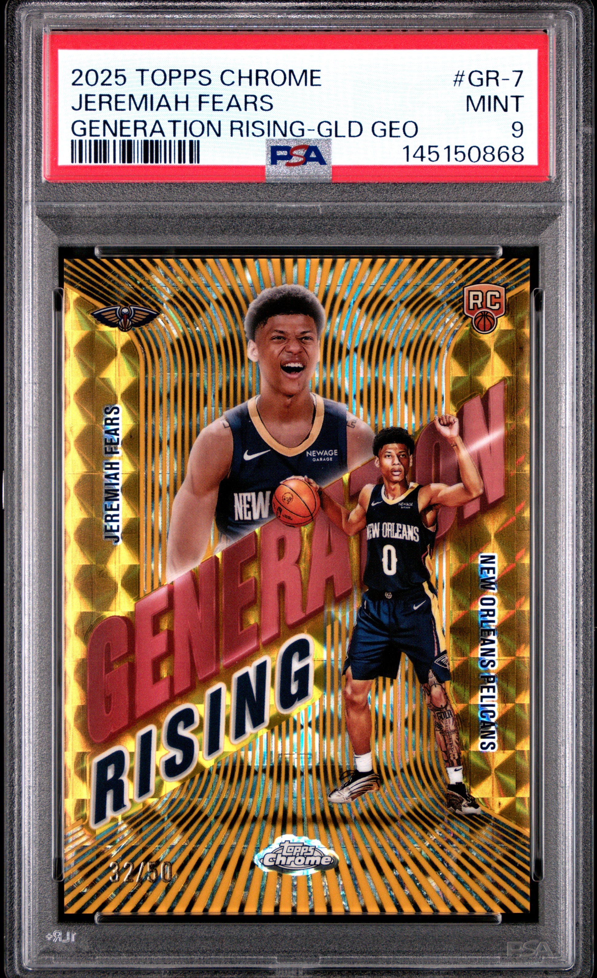 Jeremiah Fears RC 2025-26 Topps Chrome Gold Geometric Generation Rising Rookie SP 32/50 PSA 9-1
