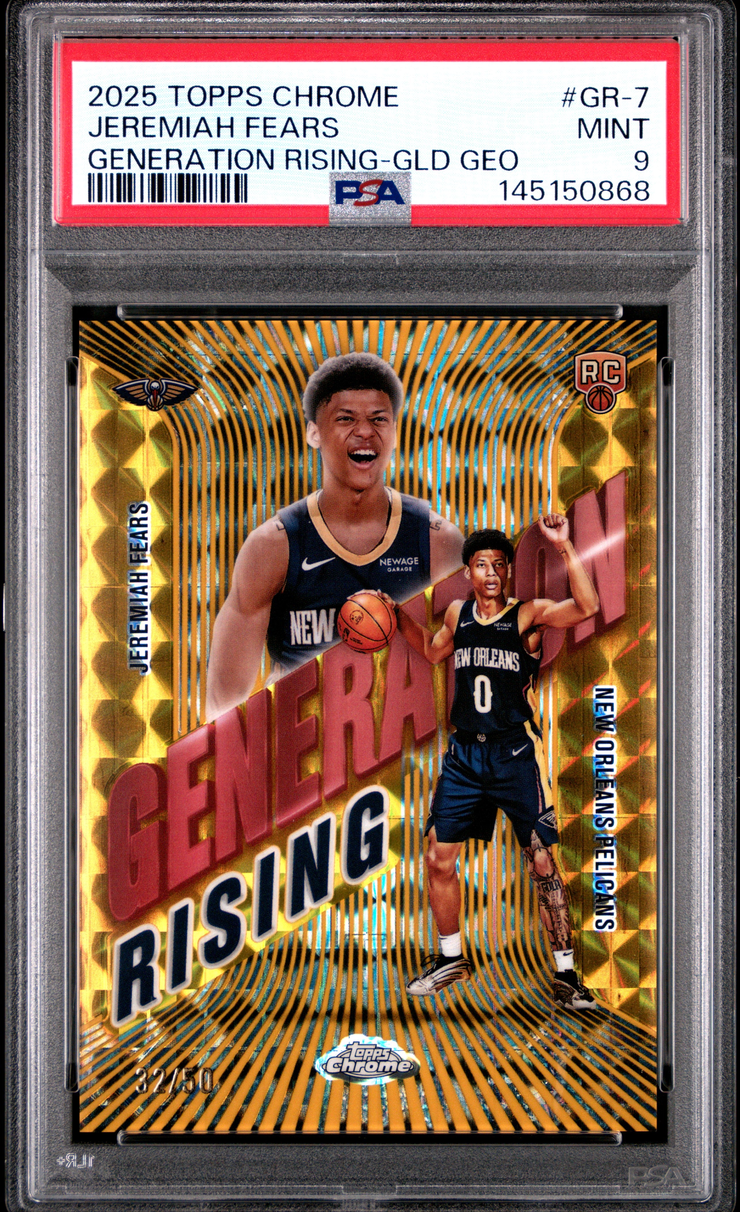 Jeremiah Fears RC 2025-26 Topps Chrome Gold Geometric Generation Rising Rookie SP 32/50 PSA 9