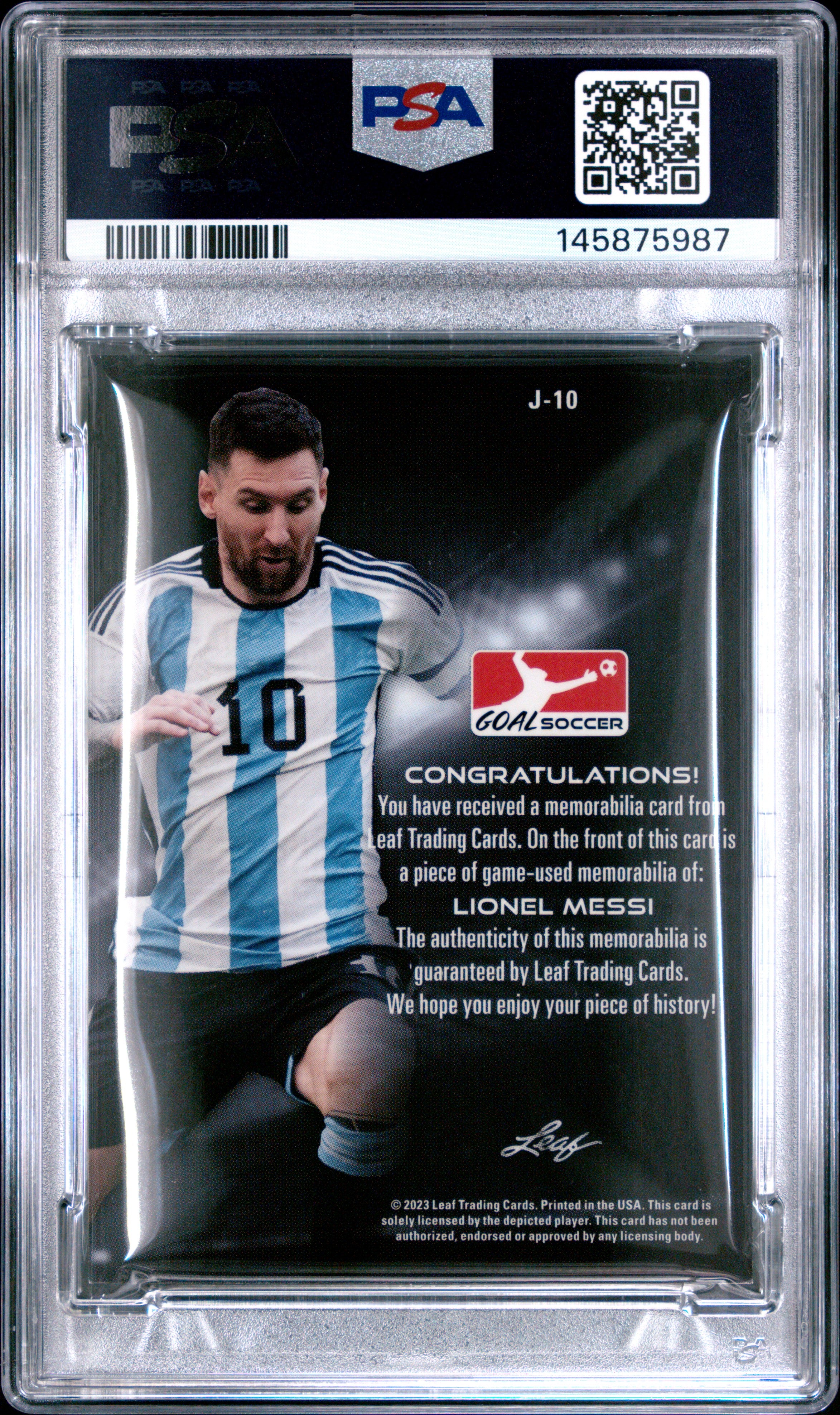 Lionel Messi 2023 Leaf Goal Game Used Jersey Patch PSA 6-2