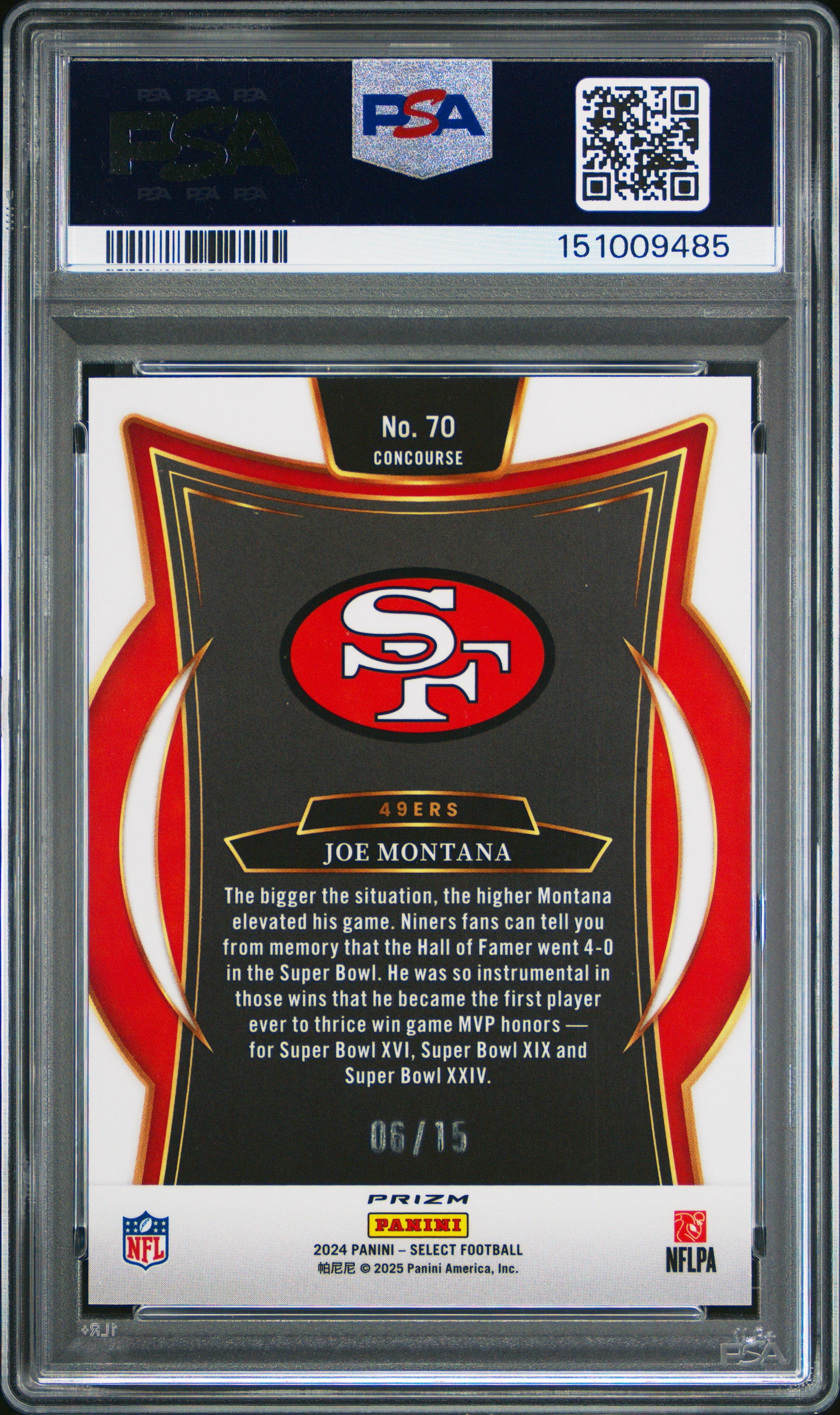 Joe Montana 2024 Panini Select Concourse Pink Glitter Prizm SP 6/15 PSA 9