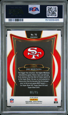 Joe Montana 2024 Panini Select Concourse Pink Glitter Prizm SP 6/15 PSA 9-2