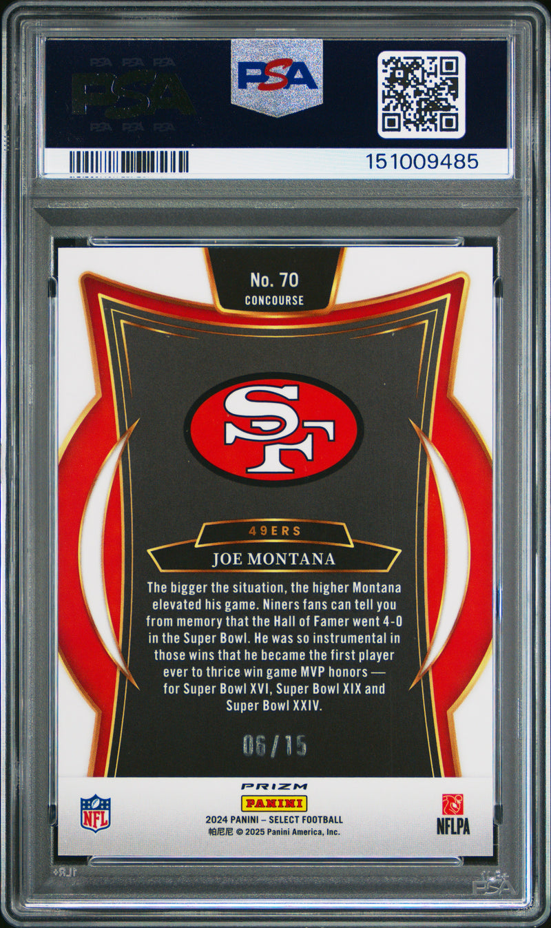 Joe Montana 2024 Panini Select Concourse Pink Glitter Prizm SP 6/15 PSA 9-2