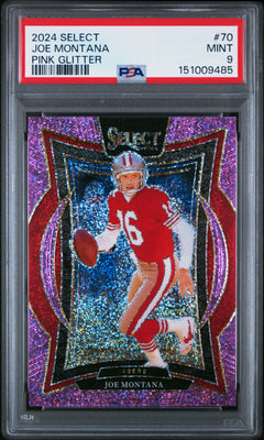 Joe Montana 2024 Panini Select Concourse Pink Glitter Prizm SP 6/15 PSA 9-1