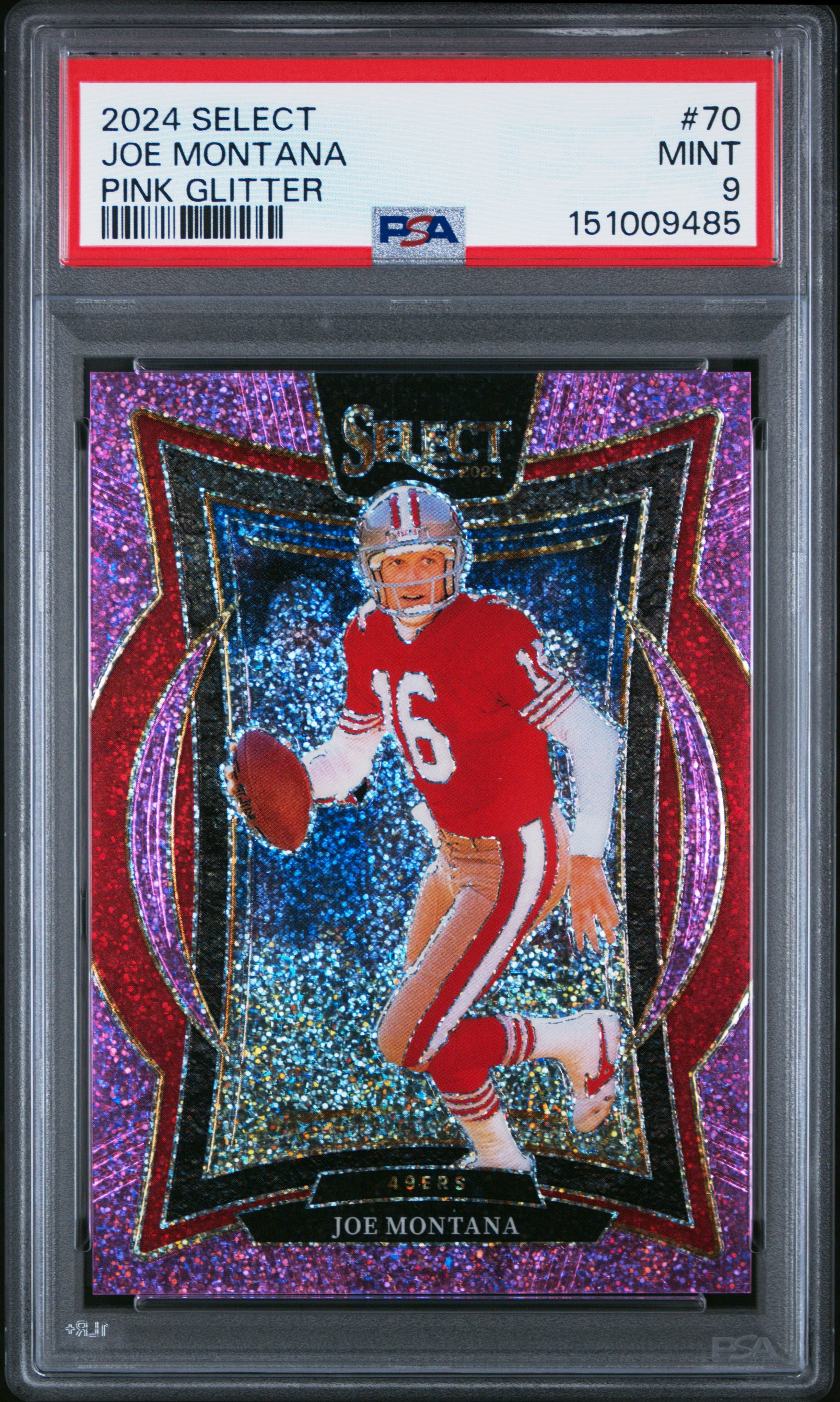 Joe Montana 2024 Panini Select Concourse Pink Glitter Prizm SP 6/15 PSA 9