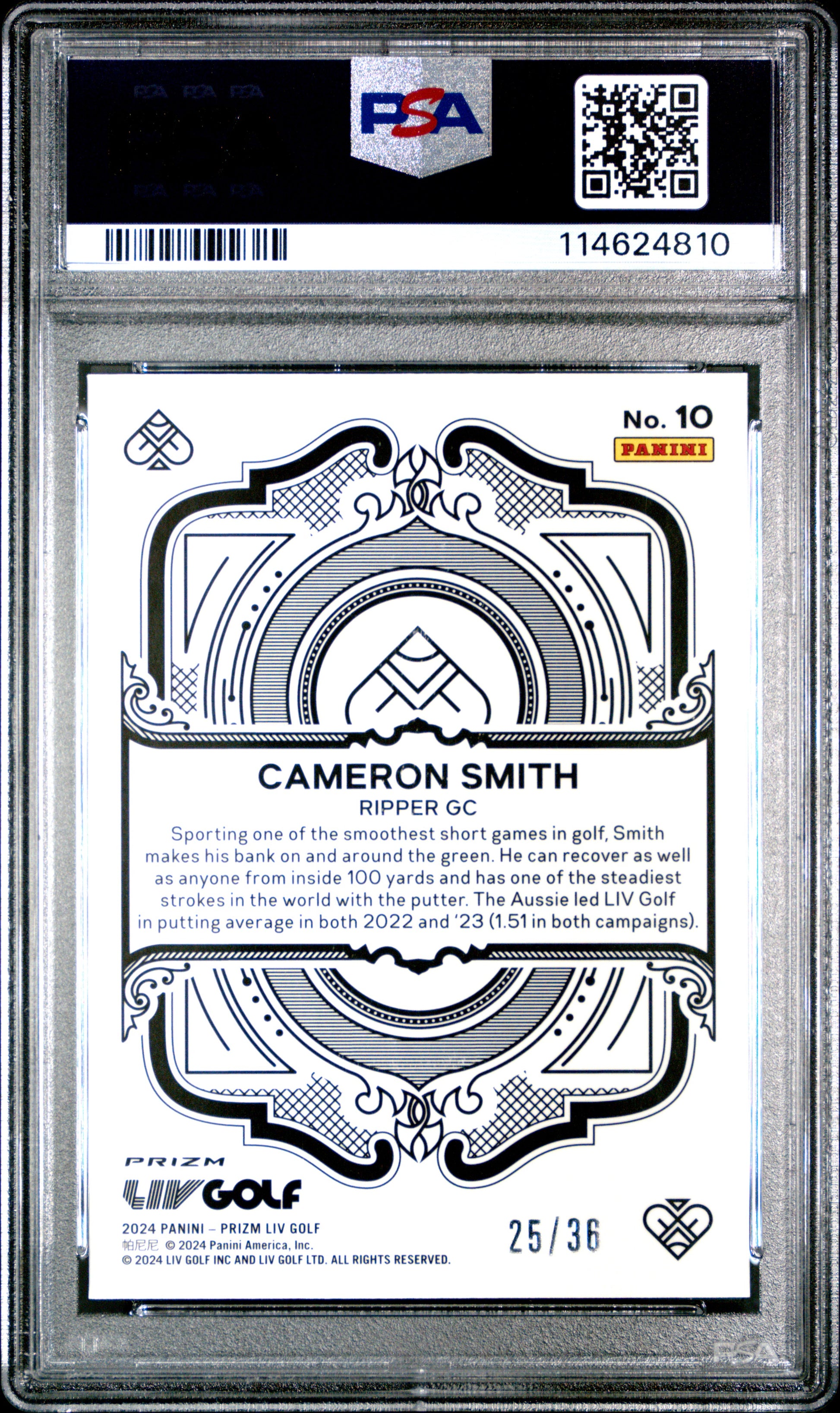 Cameron Smith 2024 Panini Prizm Liv Golf White Mojo Aces SP 25/36 PSA 10-2