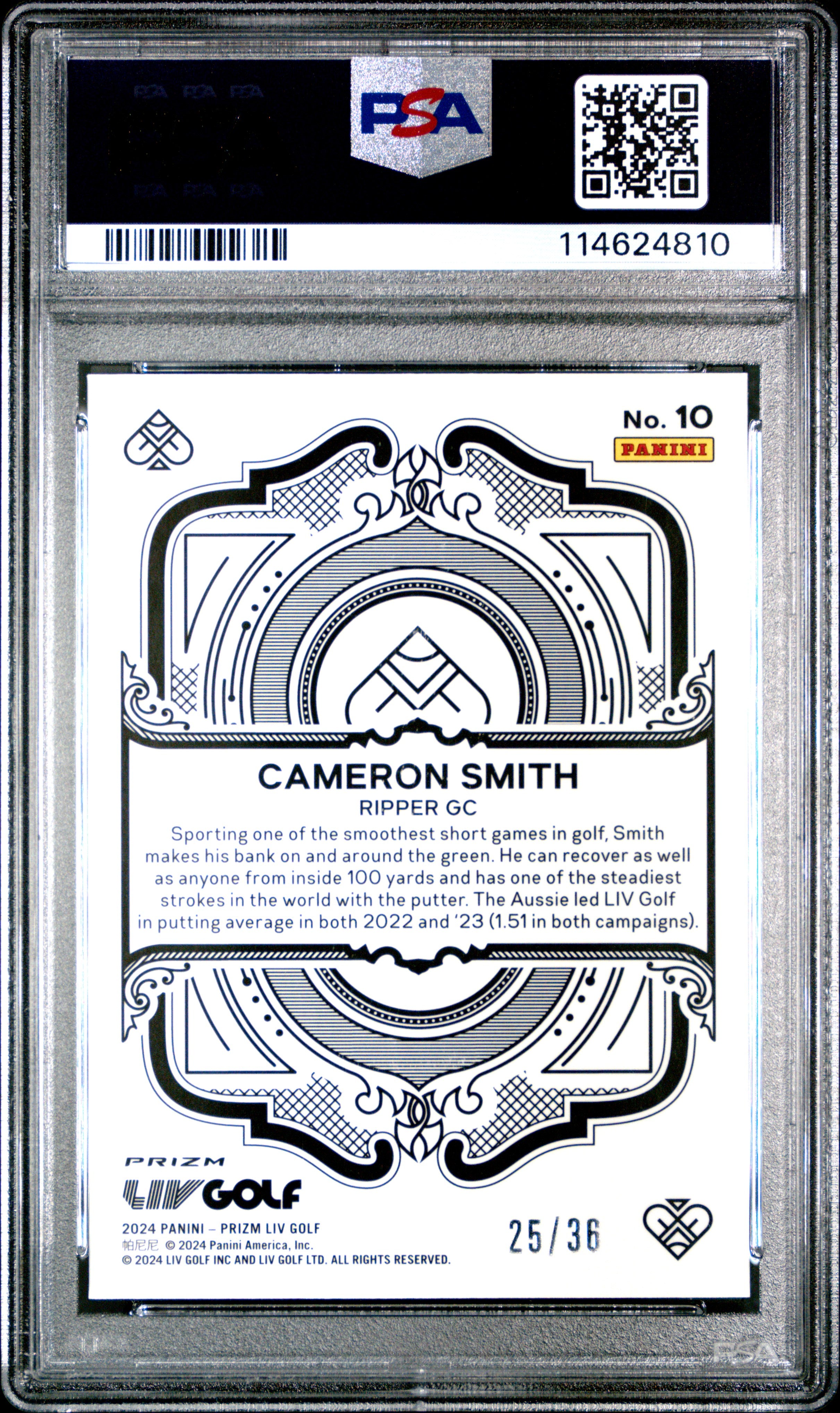 Cameron Smith 2024 Panini Prizm Liv Golf White Mojo Aces SP 25/36 PSA 10