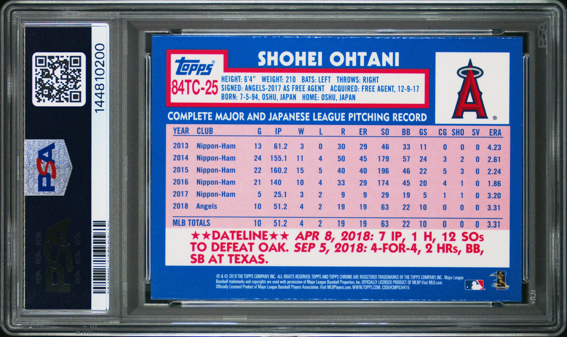 Shohei Ohtani 2019 Topps Chrome 1984 Throwback #25 PSA 9-2