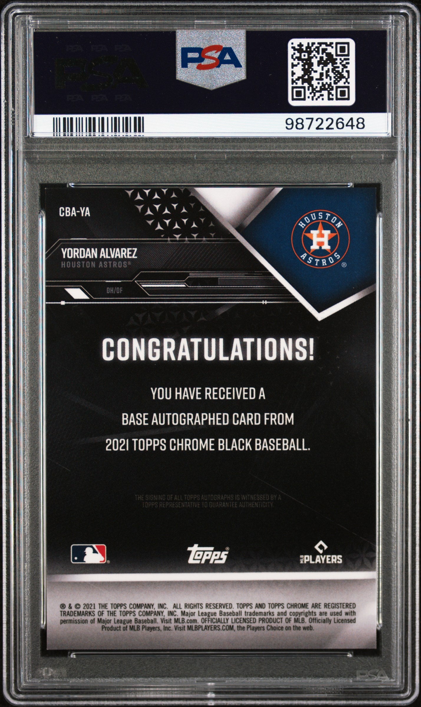 Yordan Alvarez 2021 Topps Chrome Black Auto PSA 10-2