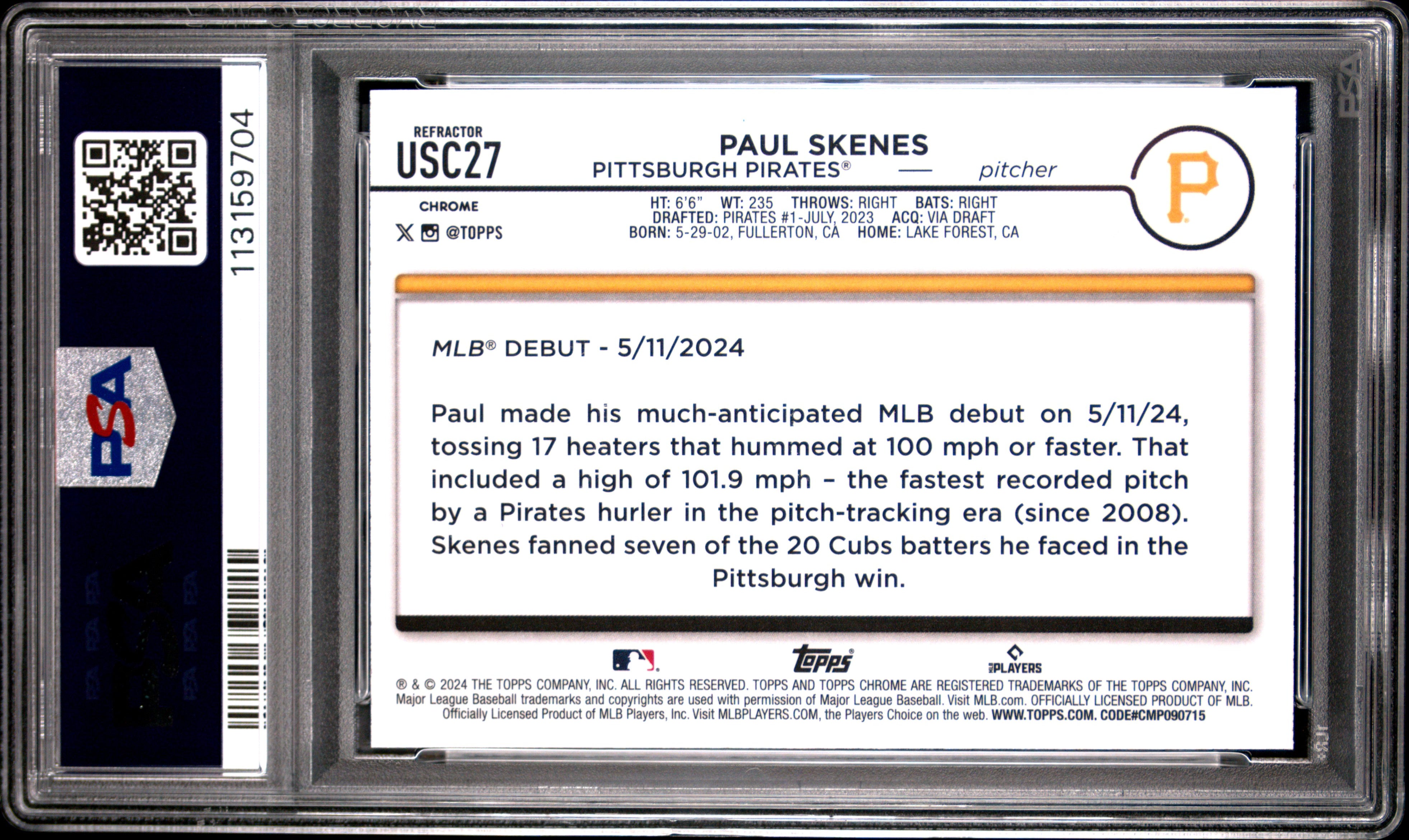 Paul Skenes RC 2024 Topps Chrome Update Prism Refractor PSA 10-2