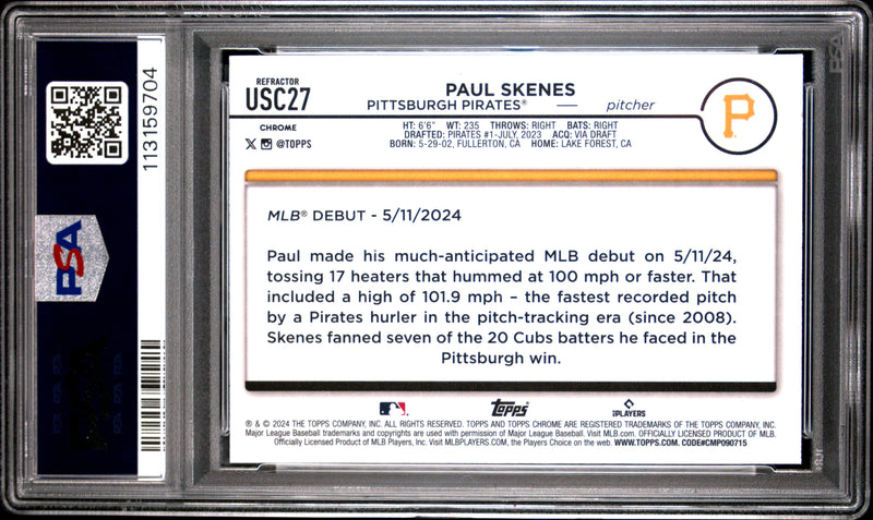 Paul Skenes RC 2024 Topps Chrome Update Prism Refractor PSA 10-2
