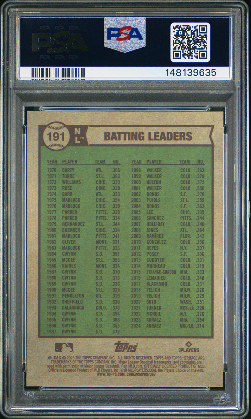 Ohtani Arraez Ozuna 2025 Topps Heritage Chrome Gold Refractor SP 15/50 PSA 10-2