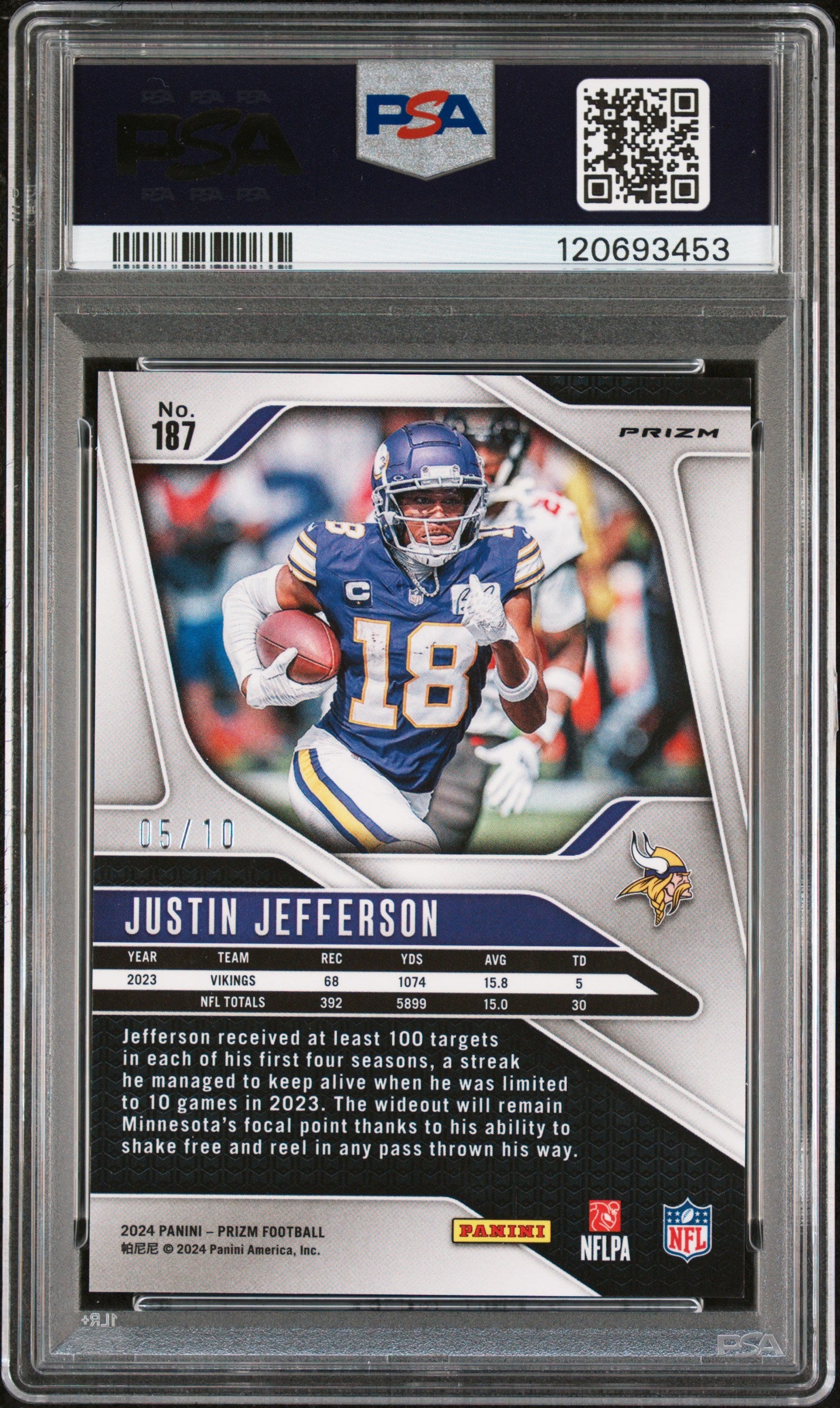 Justin Jefferson 2024 Panini Prizm Gold Choice SP 5/10 PSA 9