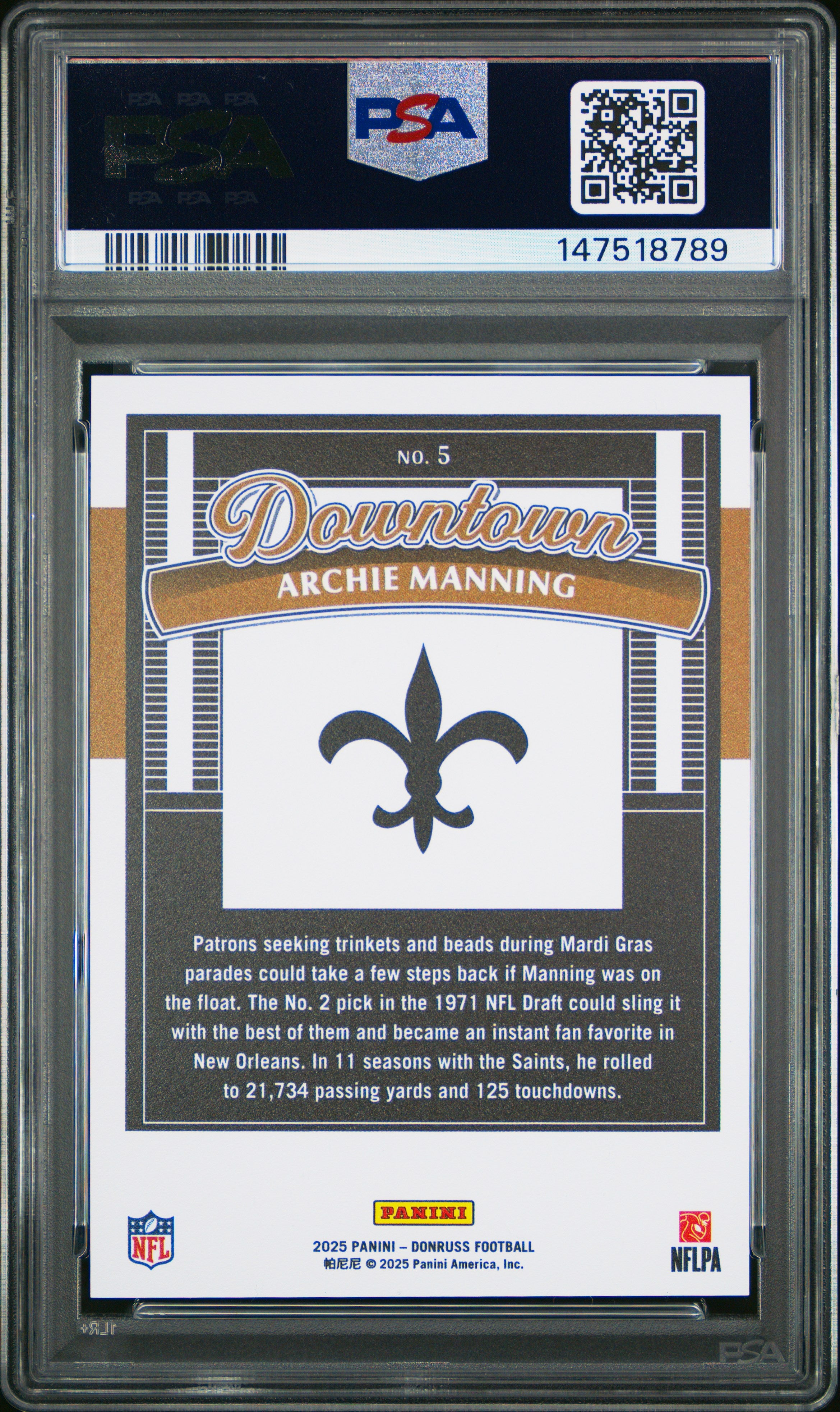 Archie Manning 2025 Donruss Downtown! Case Hit SSP #5 PSA 10-2