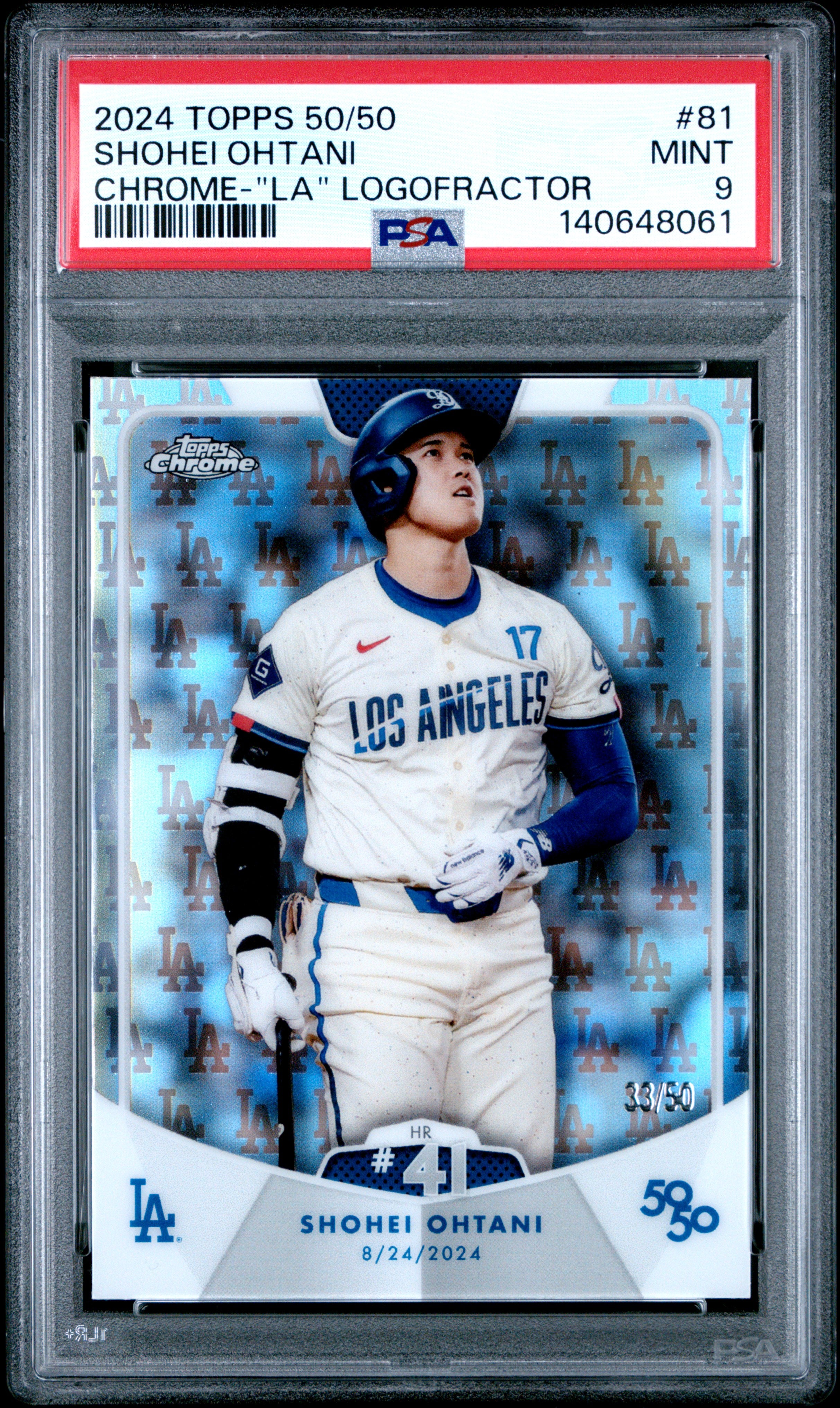 Shohei Ohtani 2024 Topps 50/50 Chrome LA Logofractor SP 33/50 PSA 9