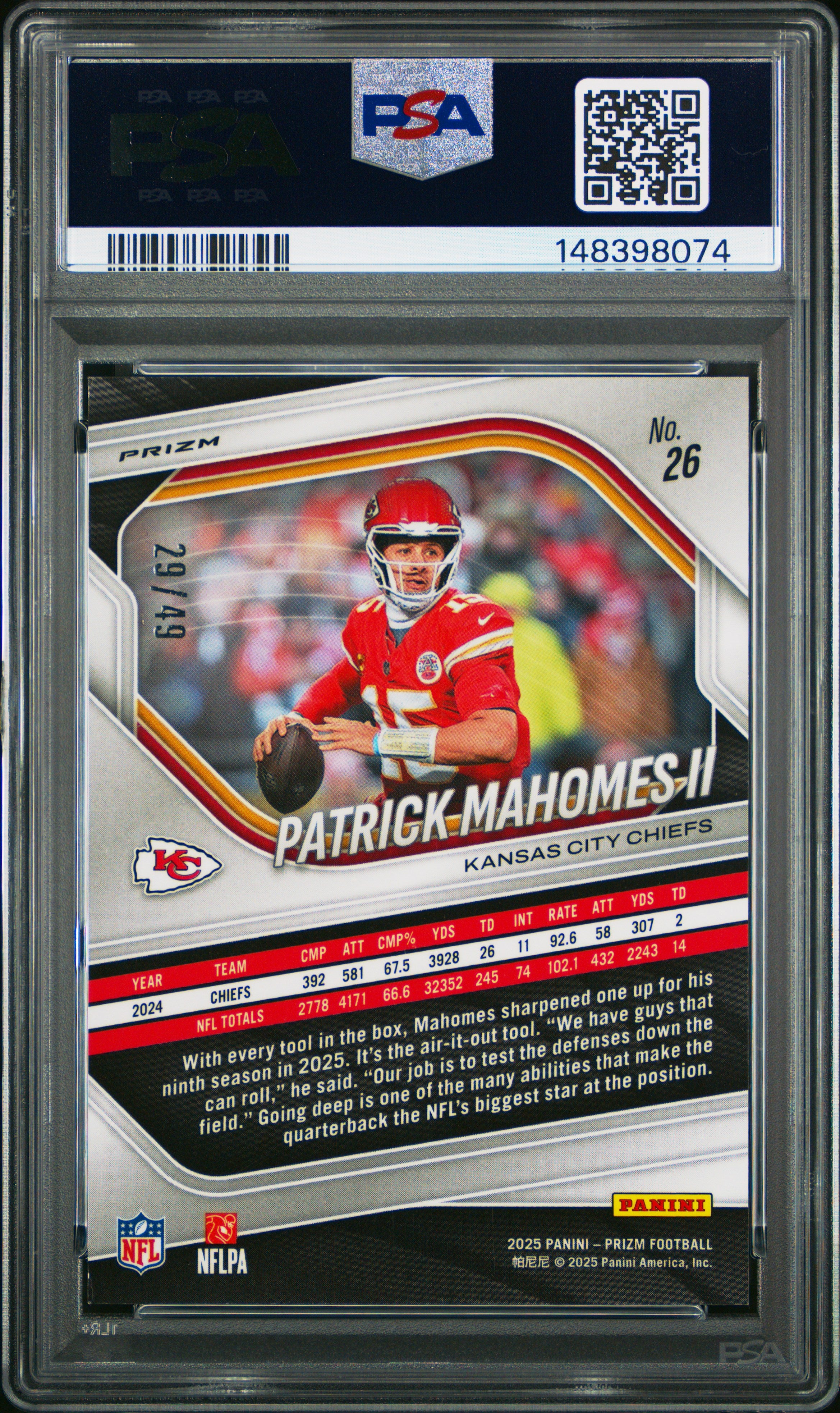 Patrick Mahomes II 2025 Panini Prizm Red Shimmer SP 29/49 PSA 8