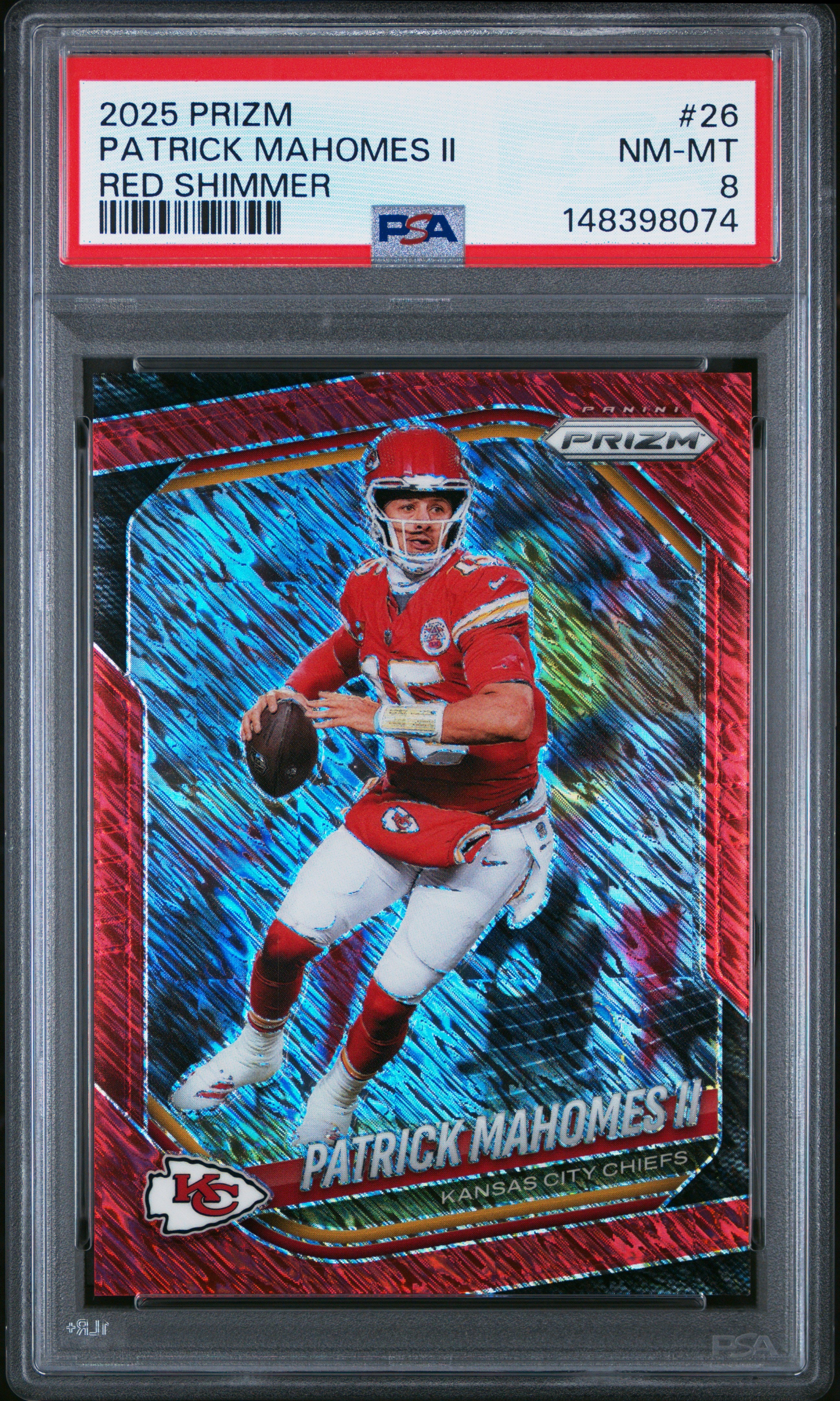Patrick Mahomes II 2025 Panini Prizm Red Shimmer SP 29/49 PSA 8