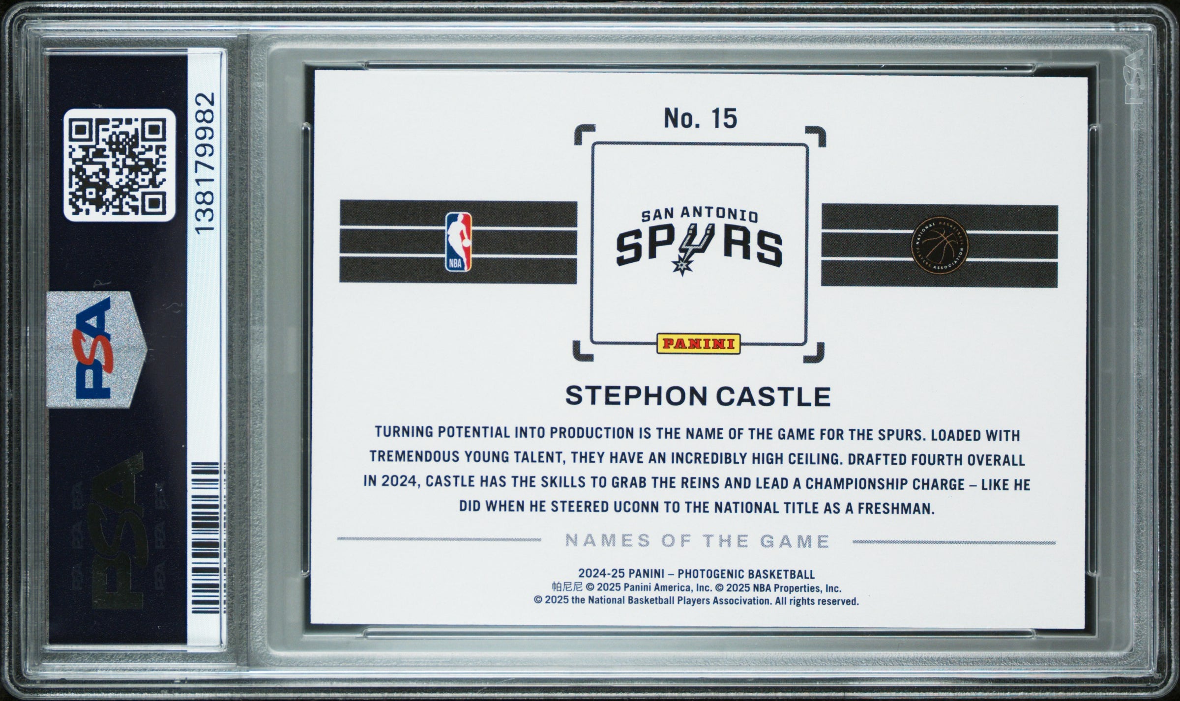 Stephon Castle RC 2024-25 Panini Photogenic Names Of The Game Rookie Case Hit SSP #15 PSA 9