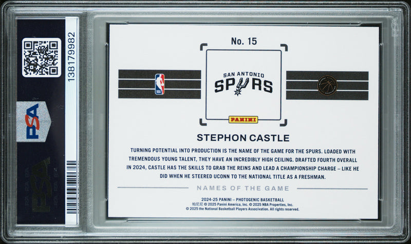 Stephon Castle RC 2024-25 Panini Photogenic Names Of The Game Rookie Case Hit SSP #15 PSA 9-2