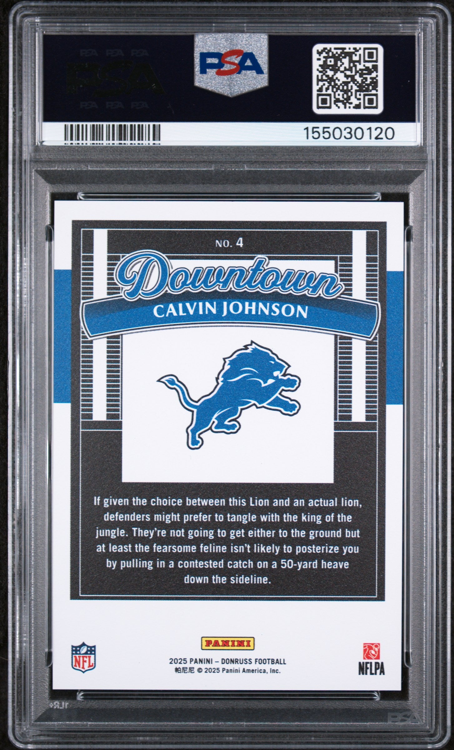 Calvin Johnson 2025 Donruss Downtown! Case Hit SSP #4 PSA 10-2