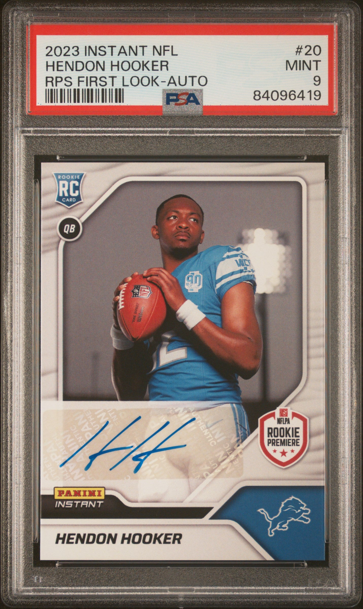 Hendon Hooker RC 2023 Panini Instant Rookie Premier Shoot Auto SP 6/25 PSA 9