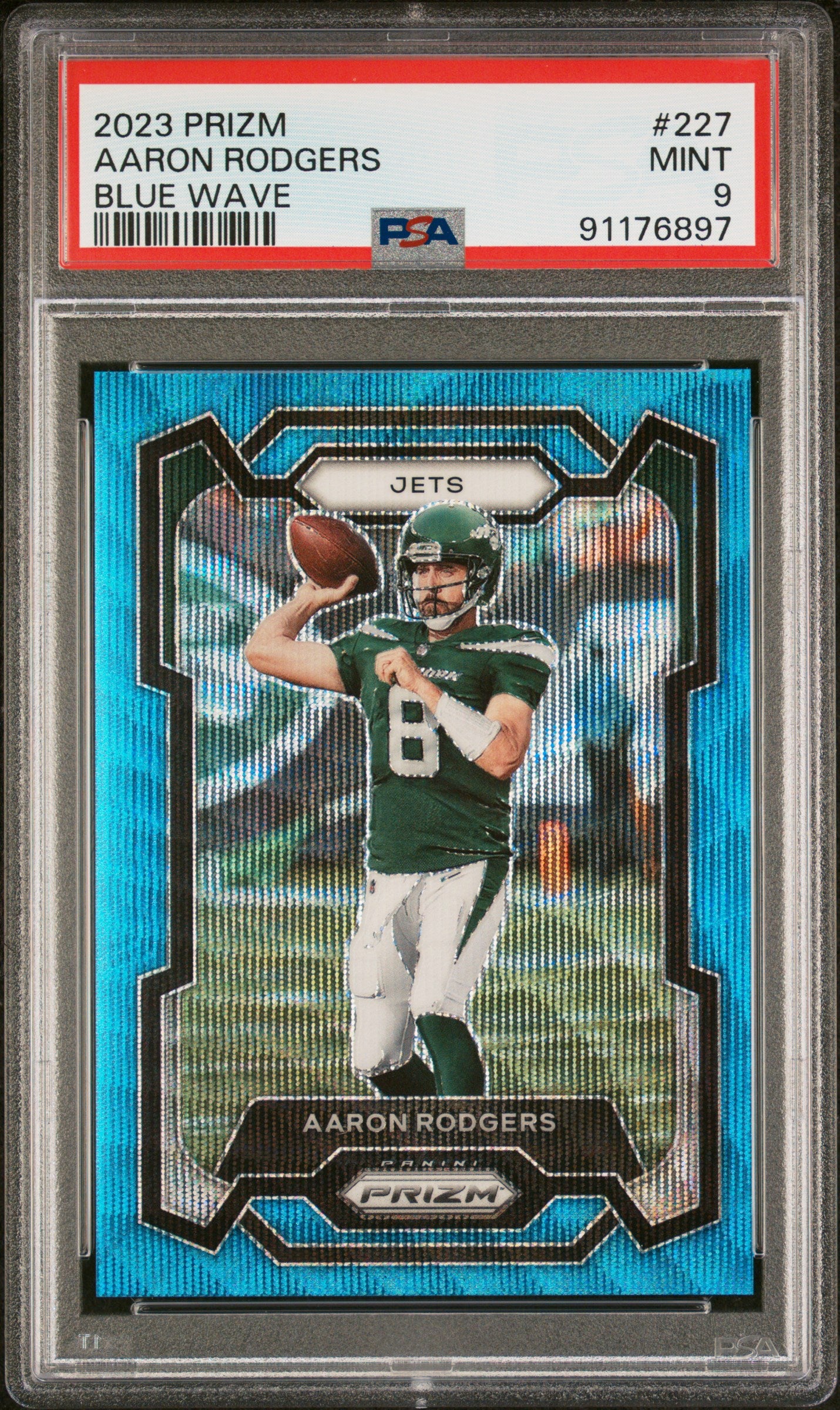 Aaron Rodgers 2023 Panini Prizm Blue Wave SP 34/199 PSA 9-1