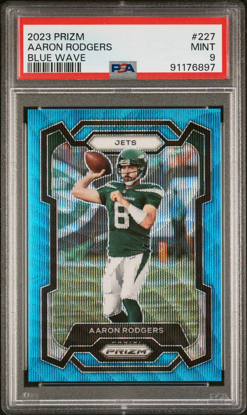 Aaron Rodgers 2023 Panini Prizm Blue Wave SP 34/199 PSA 9-1